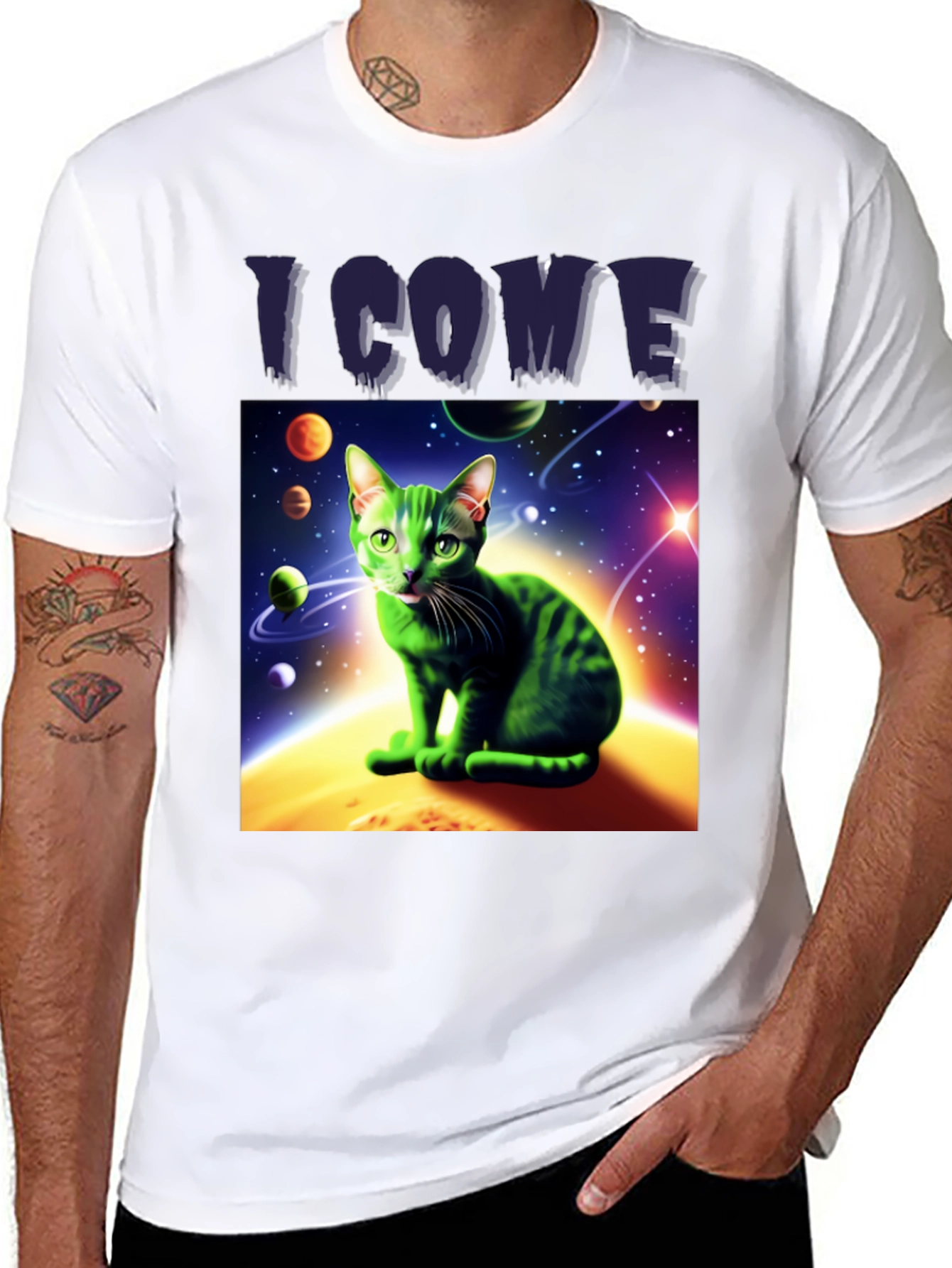 Black I Come In Peace Cat T-Shirt - Space Alien Green Kitty Tee view 8