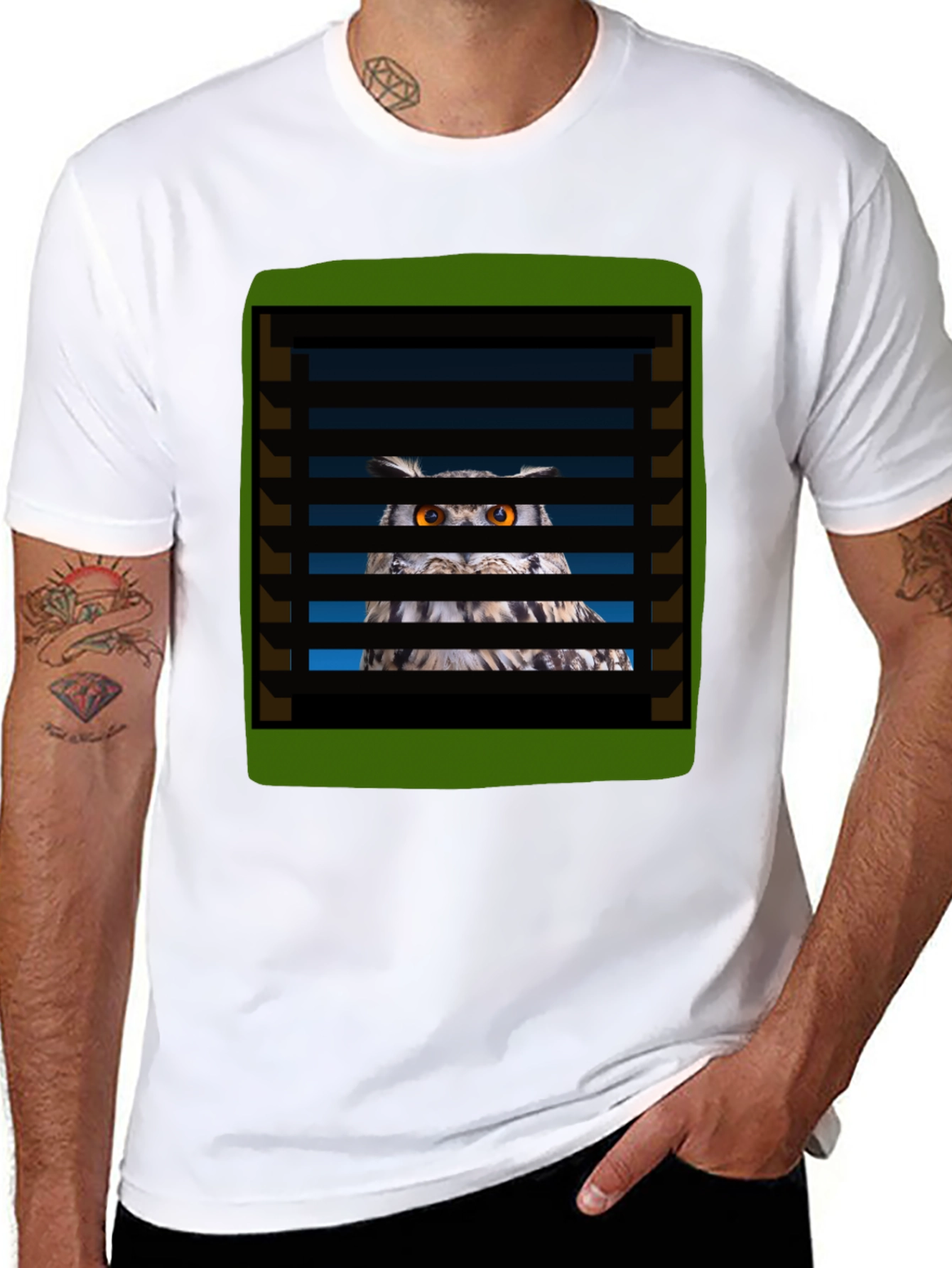 Black Owl Peeking Through Blinds Graphic T-Shirt view 8