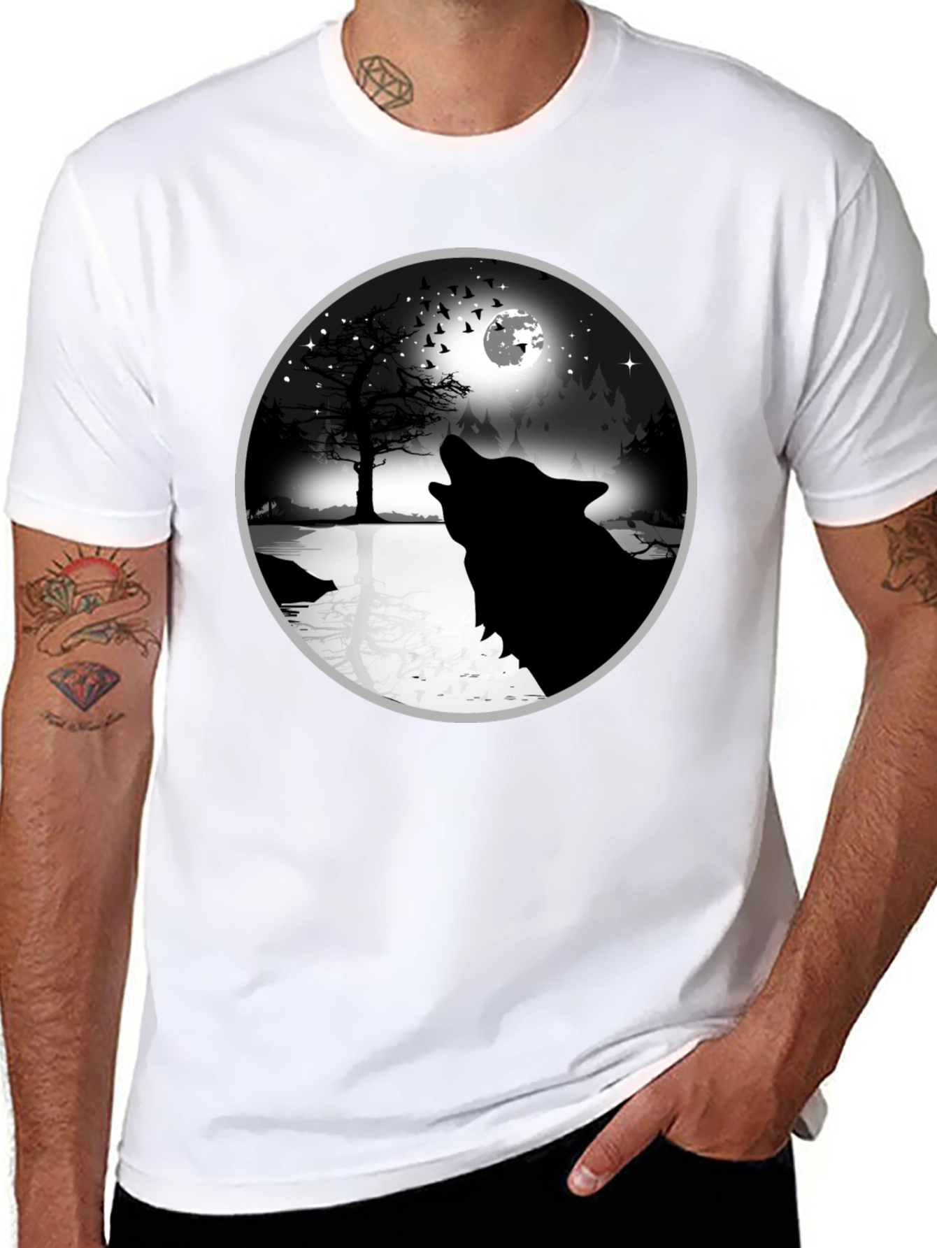 Black Wolf Howling at Moon Graphic Tee - Black view 8