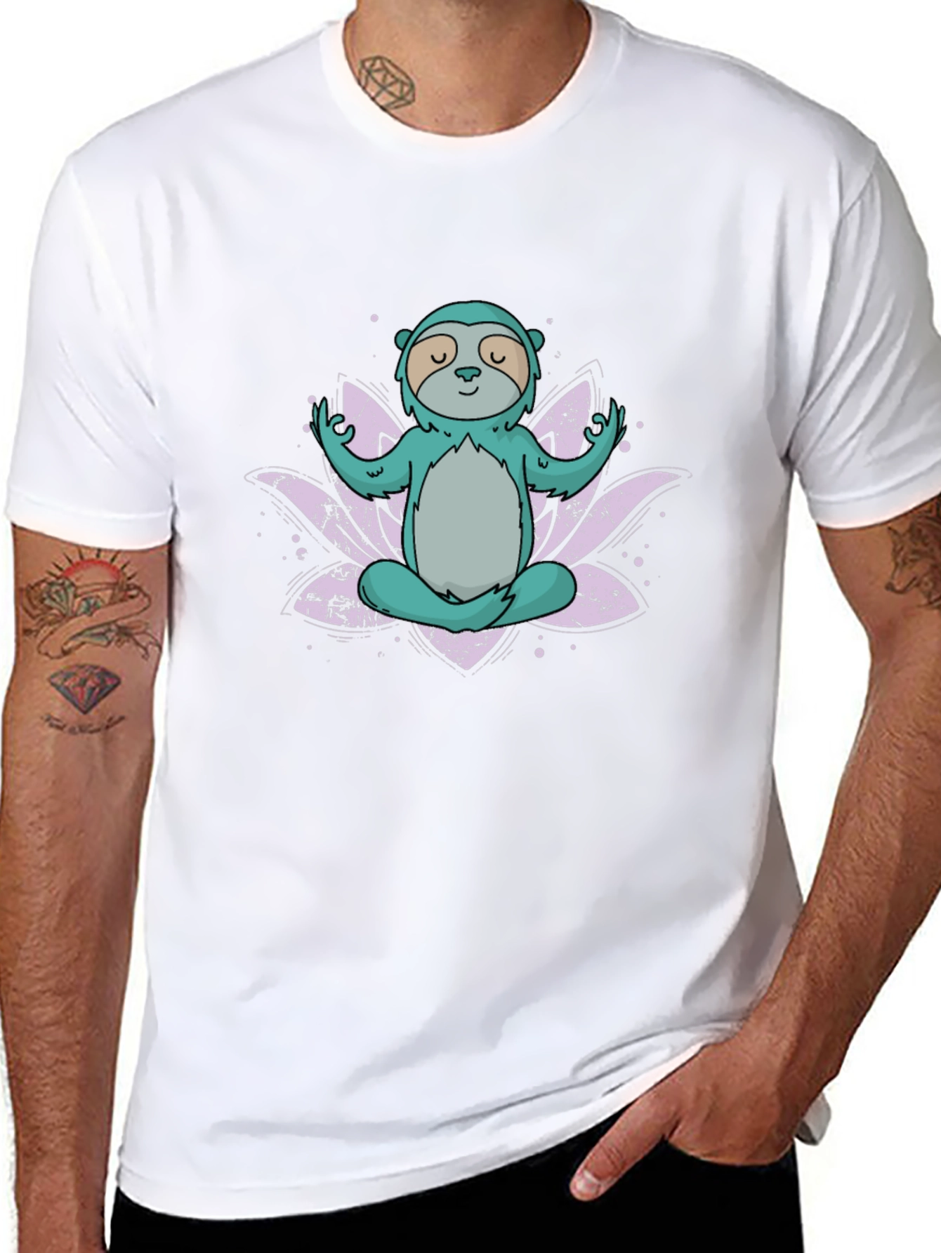 Black Meditating Sloth T-Shirt - Lotus Flower Design view 8