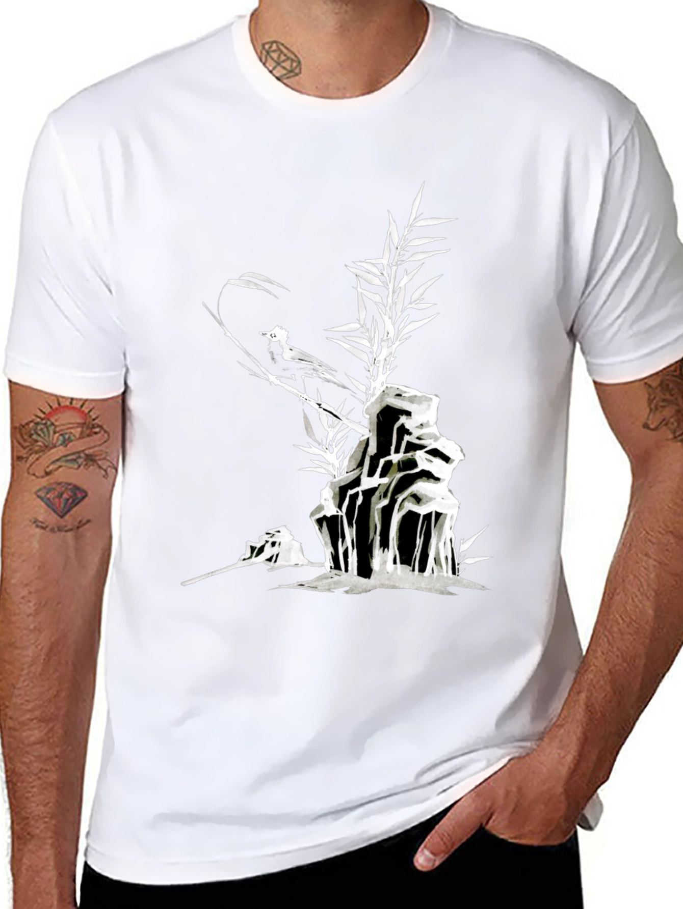Black Men's Black T-Shirt with Bird and Bamboo Graphic view 8