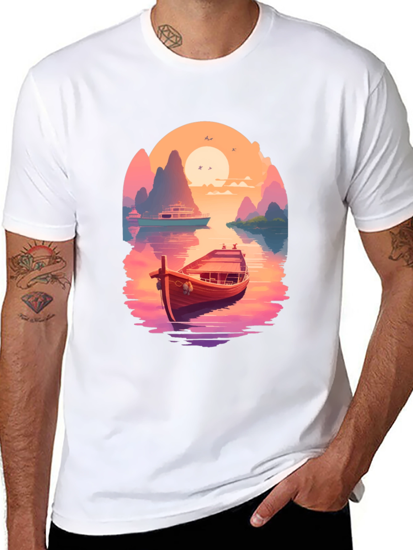 Boat Scene Graphic Tee - Retro Sunset Style - 8