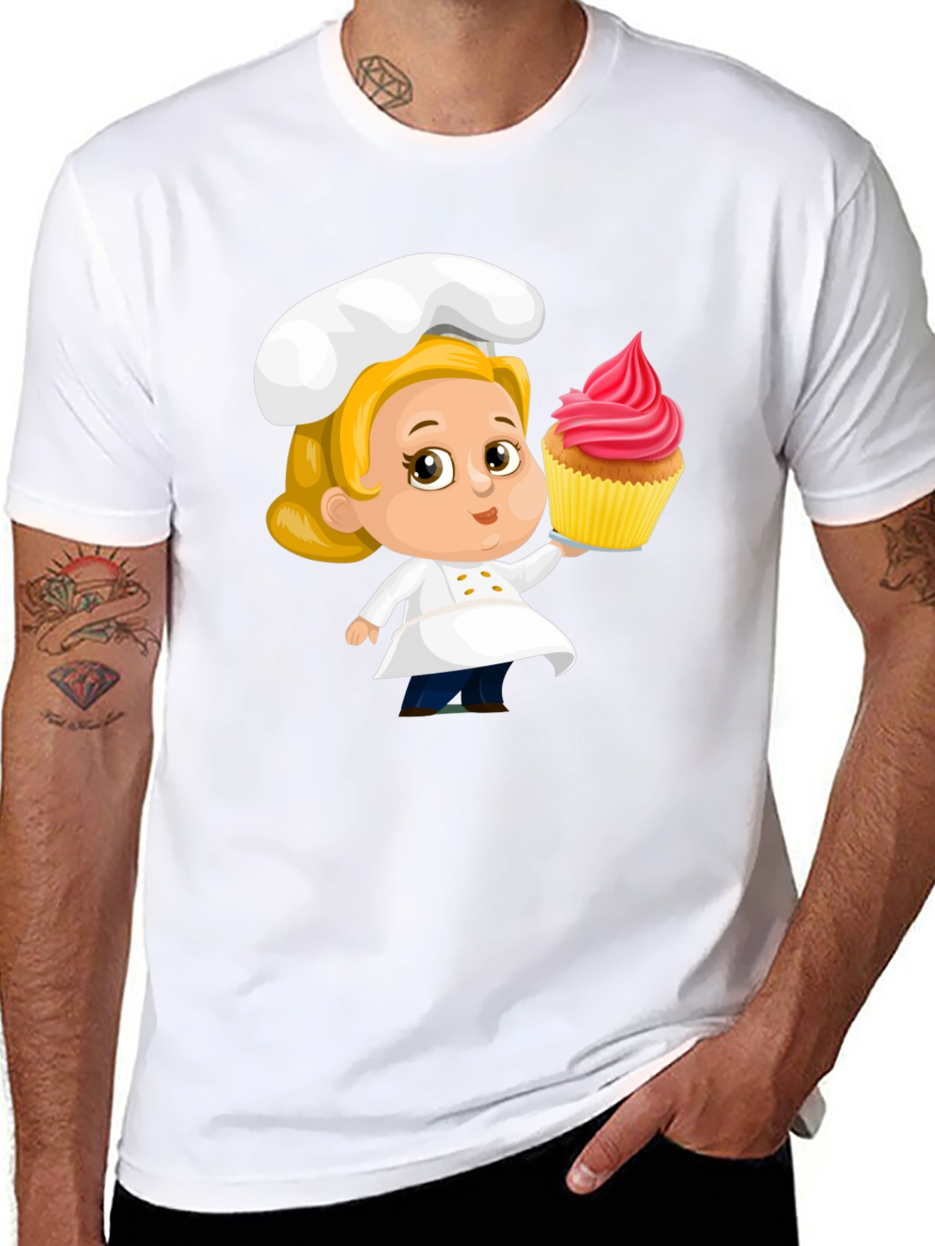 Black Chef Cupcake Cartoon T-Shirt - Cute & Fun Design view 8