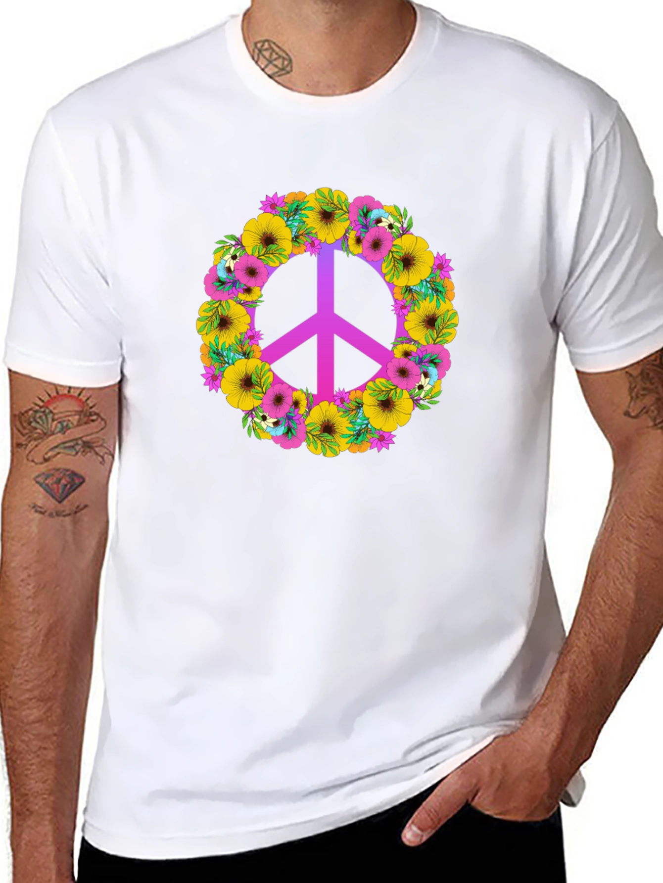 Black Floral Peace Sign Graphic Tee - Black Cotton Blend view 8
