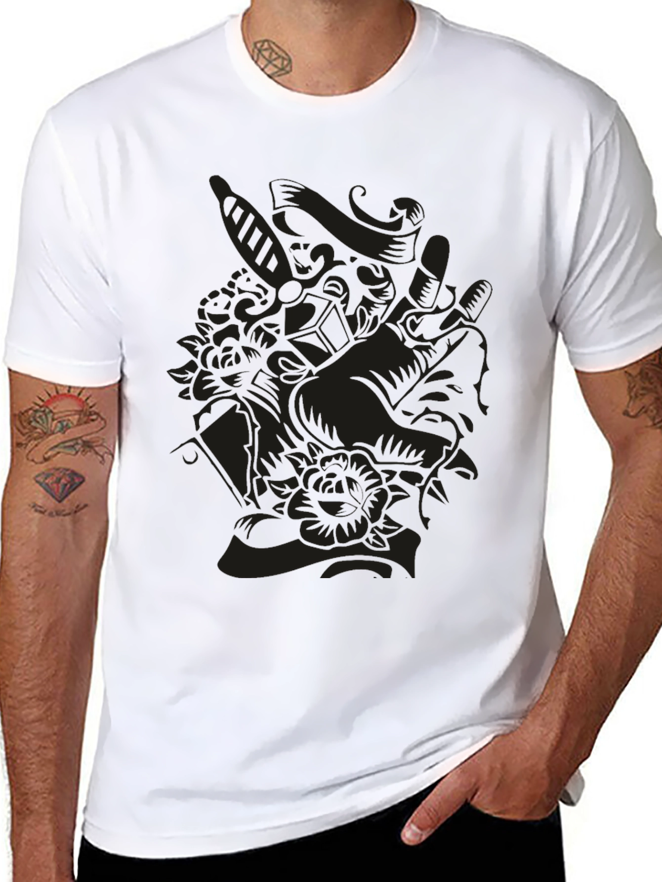 Black Dark Art Graphic Tee - Skull & Rose Design view 8