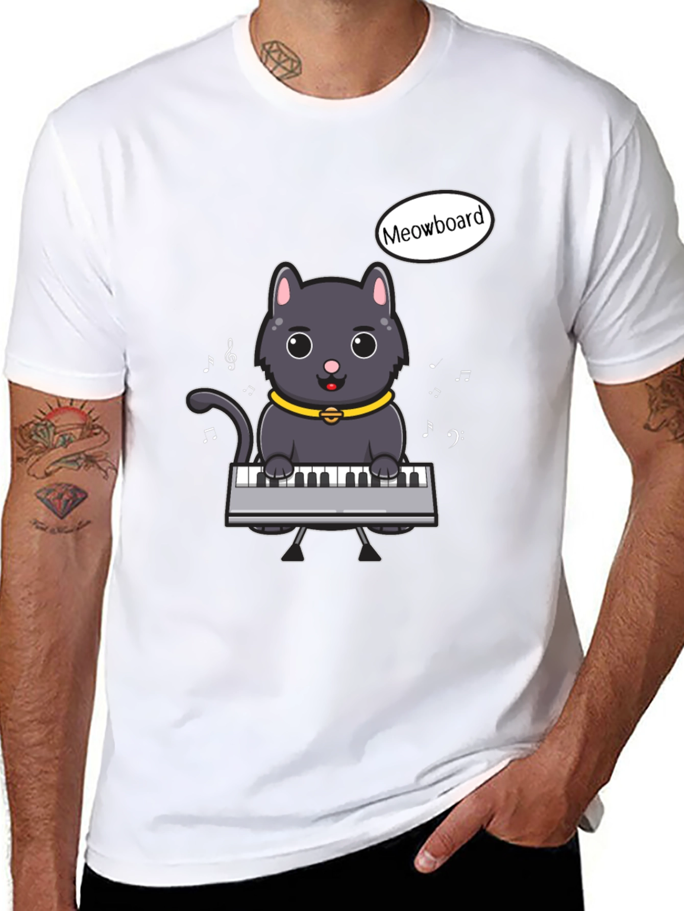Black Meowboard Cat Musician T-Shirt view 8