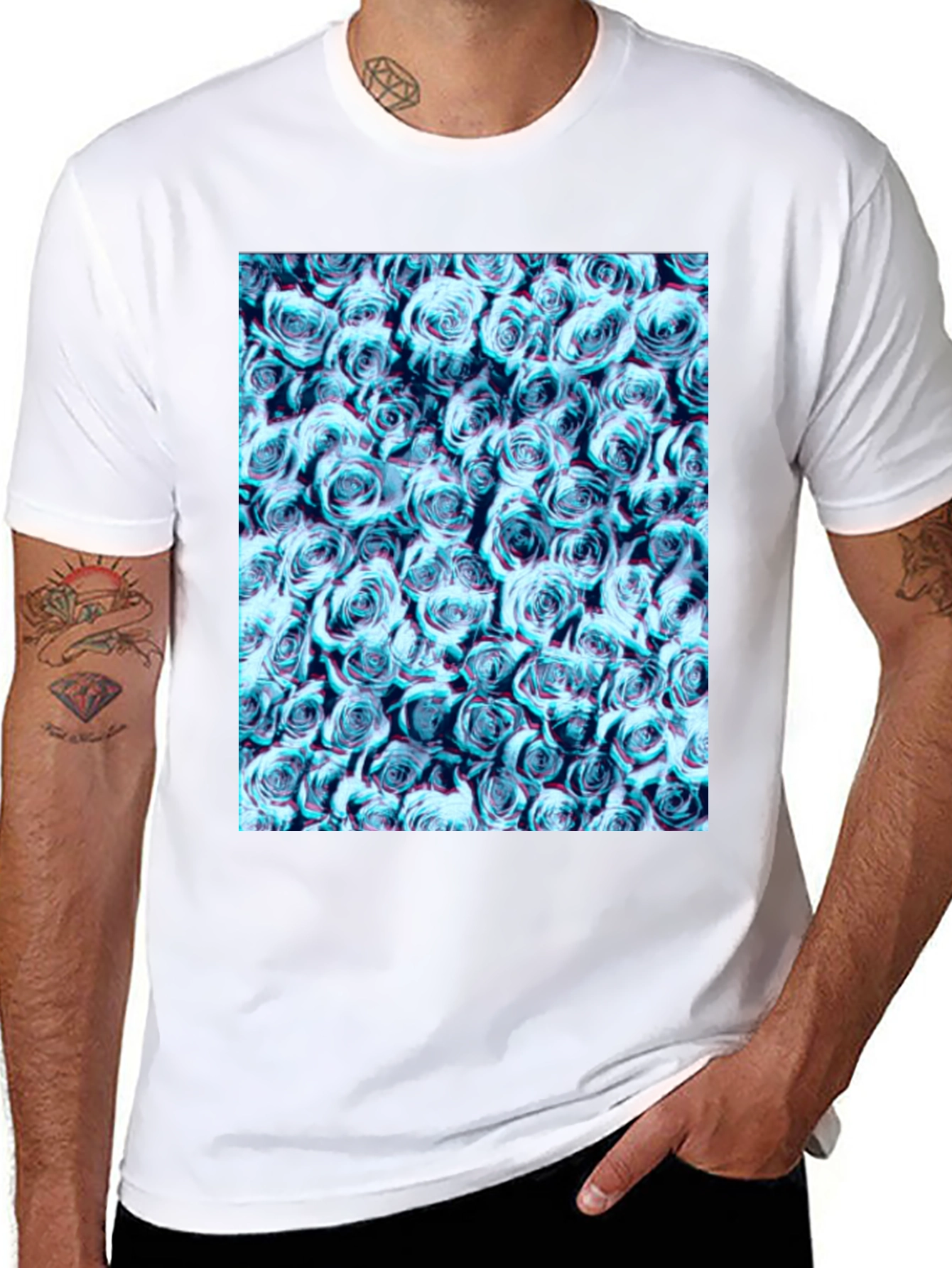 Black Blue Rose Print Black T-Shirt view 8