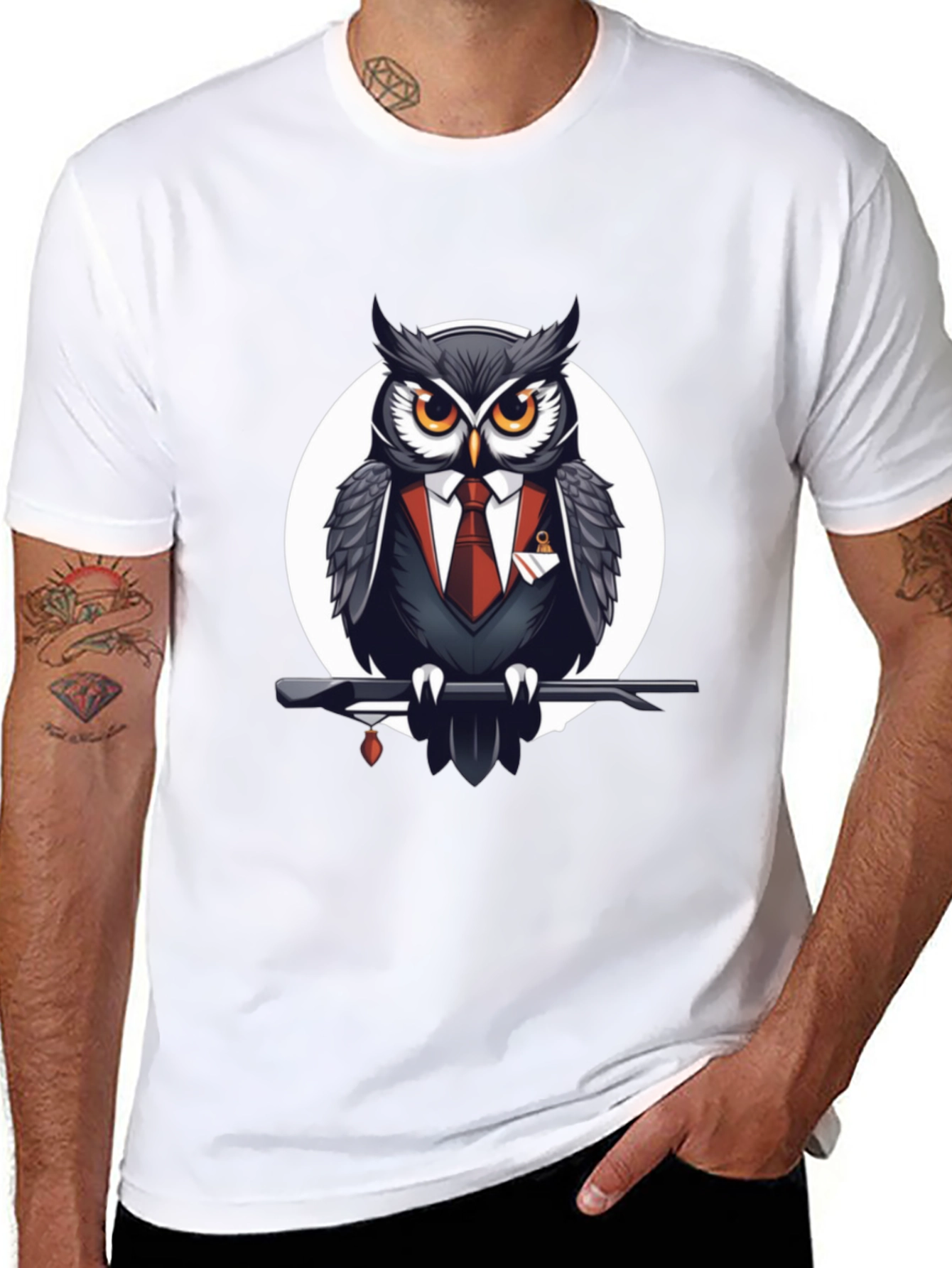 Black Owl in Suit Graphic Tee - Stylish Men's Black T-Shirt view 8