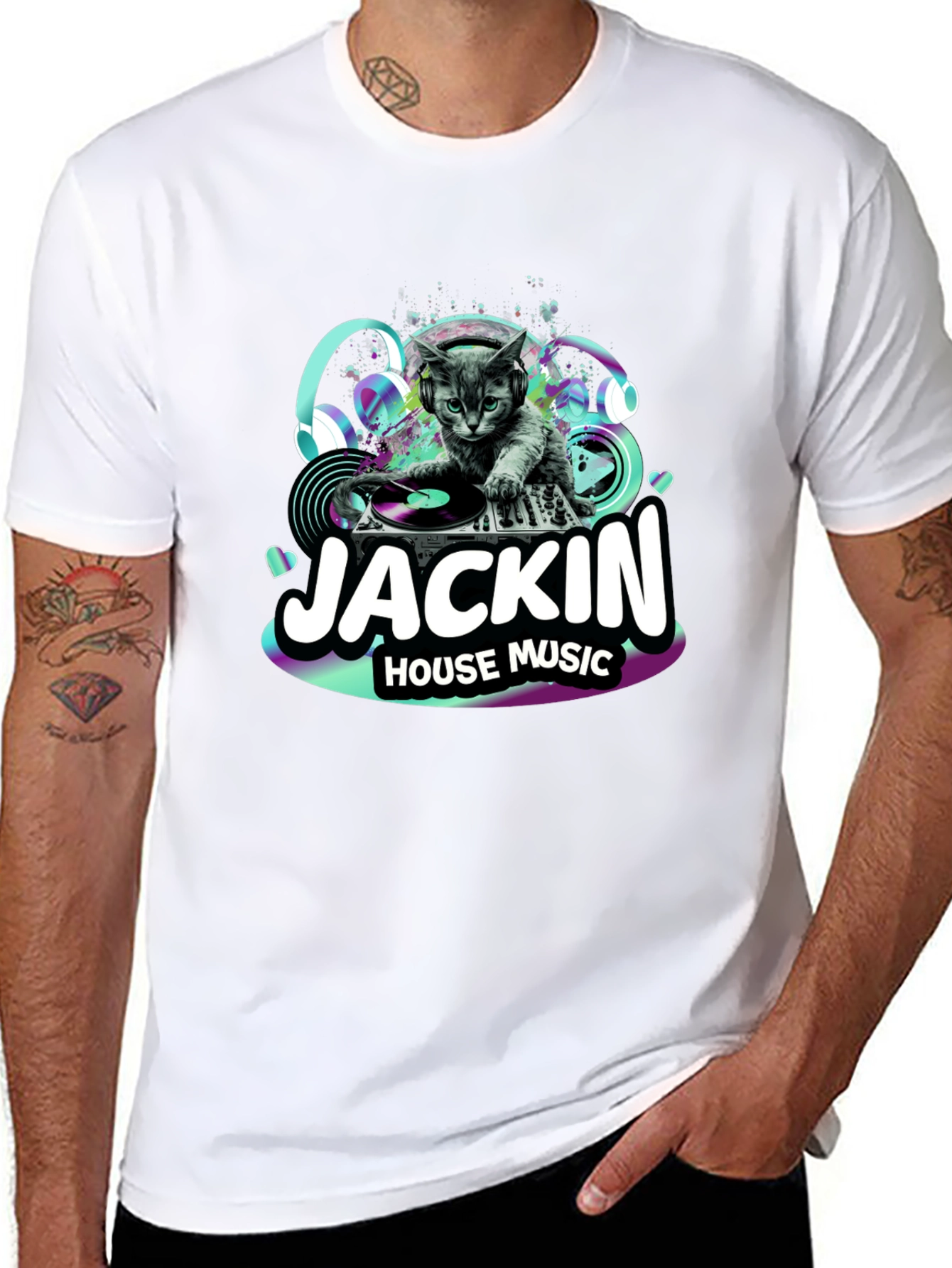 Black DJ Cat T-Shirt - "Jackin' House Music" view 8