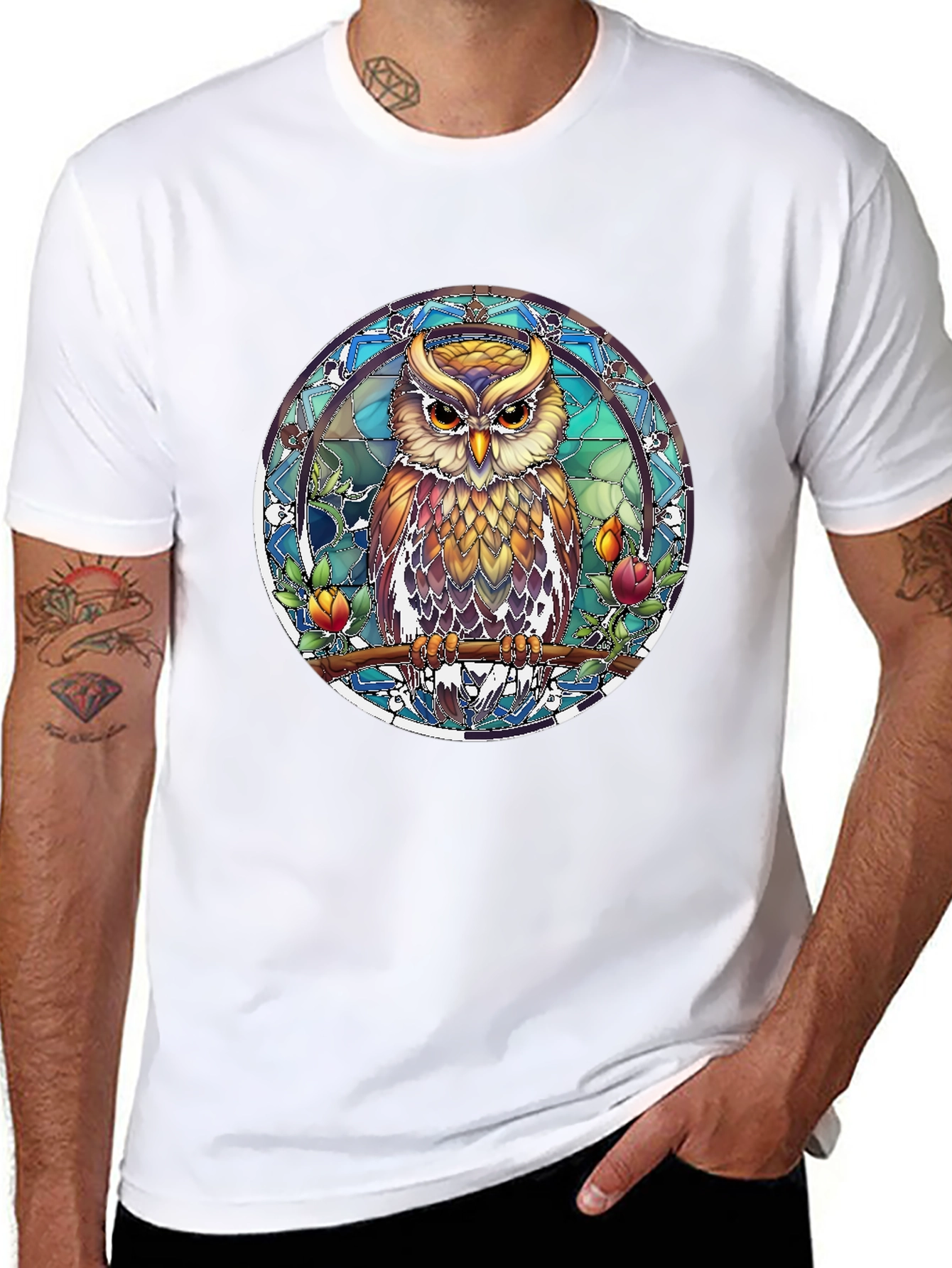 Black Owl Stained Glass Style Graphic Tee view 8