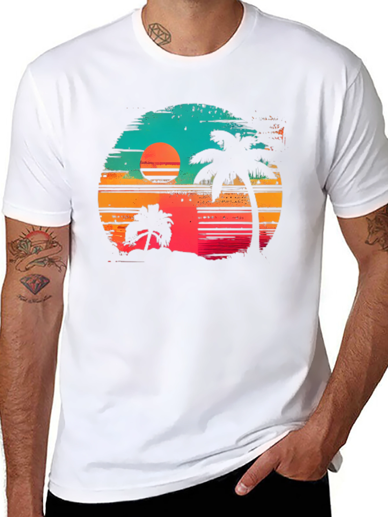 Black Retro Sunset Palm Tree Graphic T-Shirt view 8