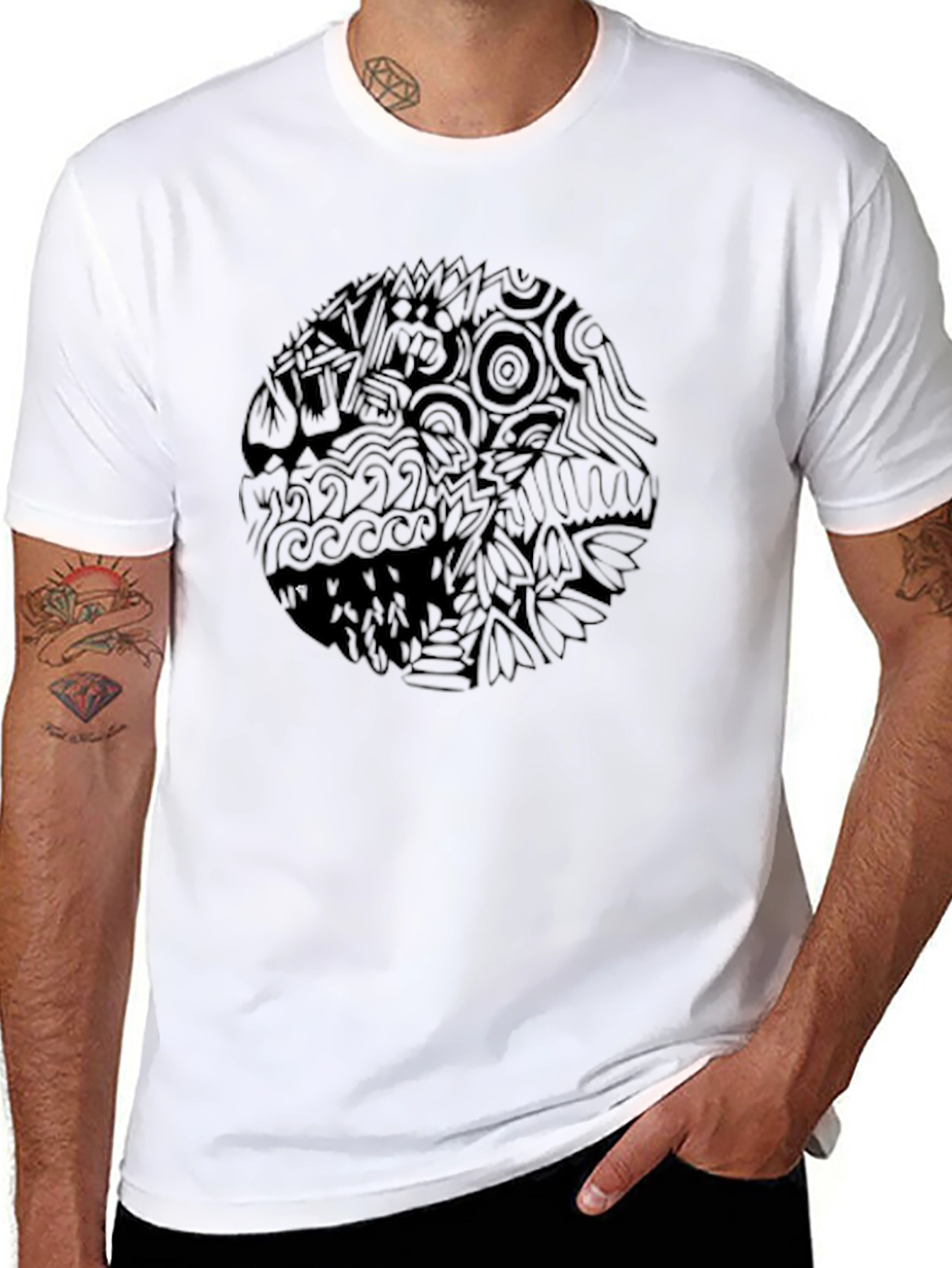 Abstract Graphic Print Men's Black T-Shirt - 8