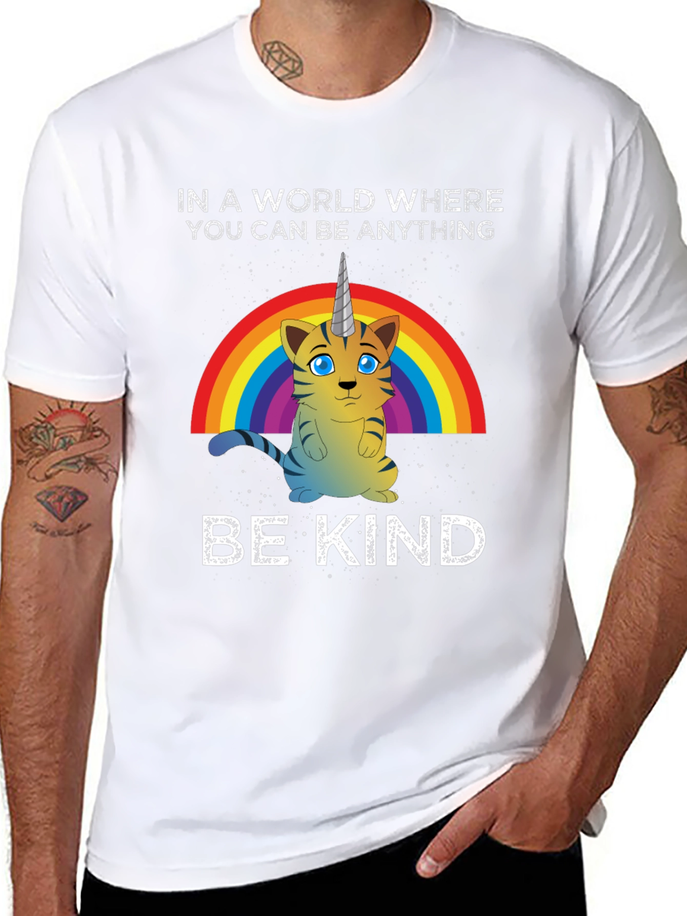 Black Unicorn Cat Rainbow T-Shirt - Be Kind view 8