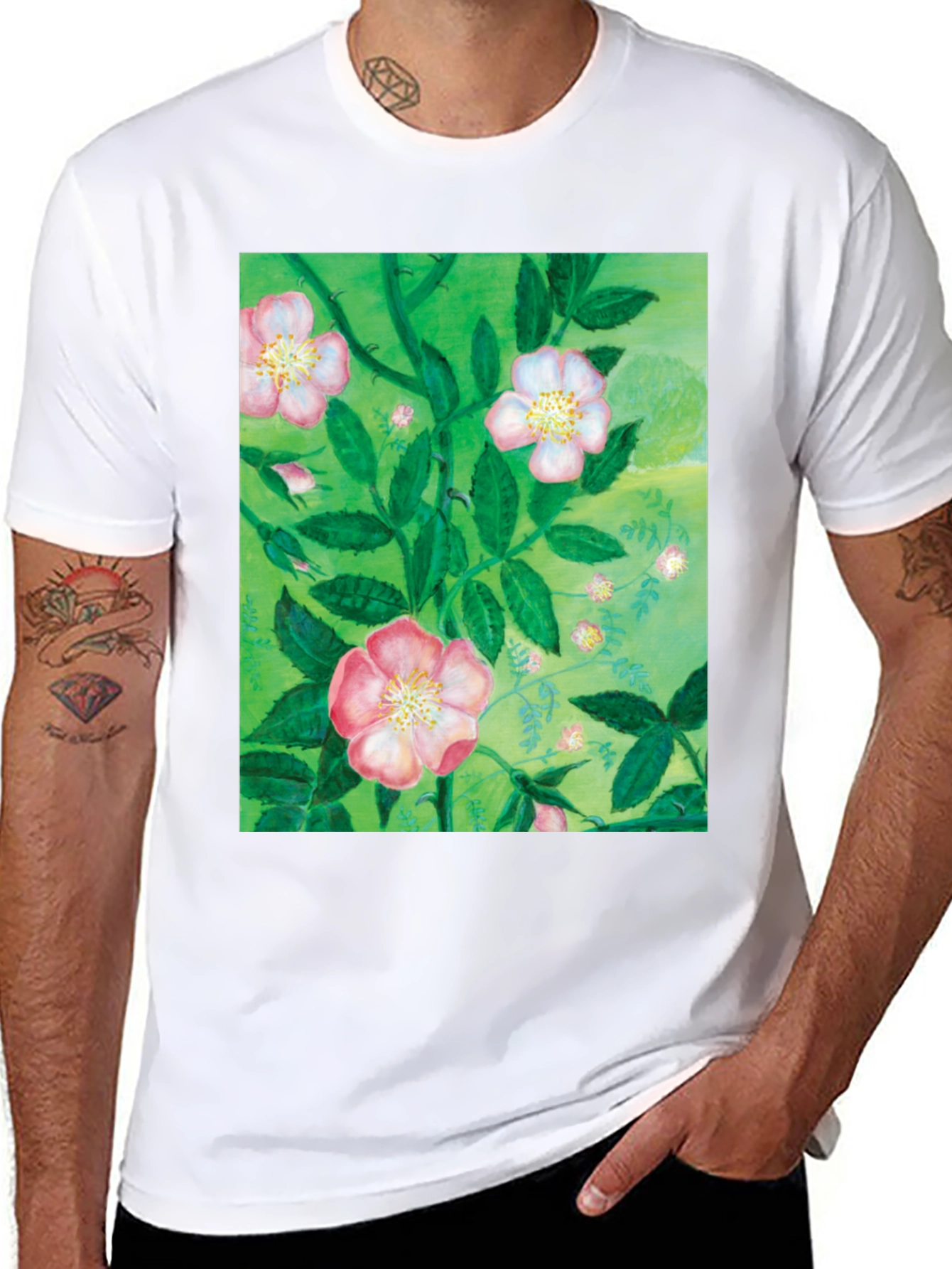Black Floral Print T-Shirt - Artistic Botanical Design view 8