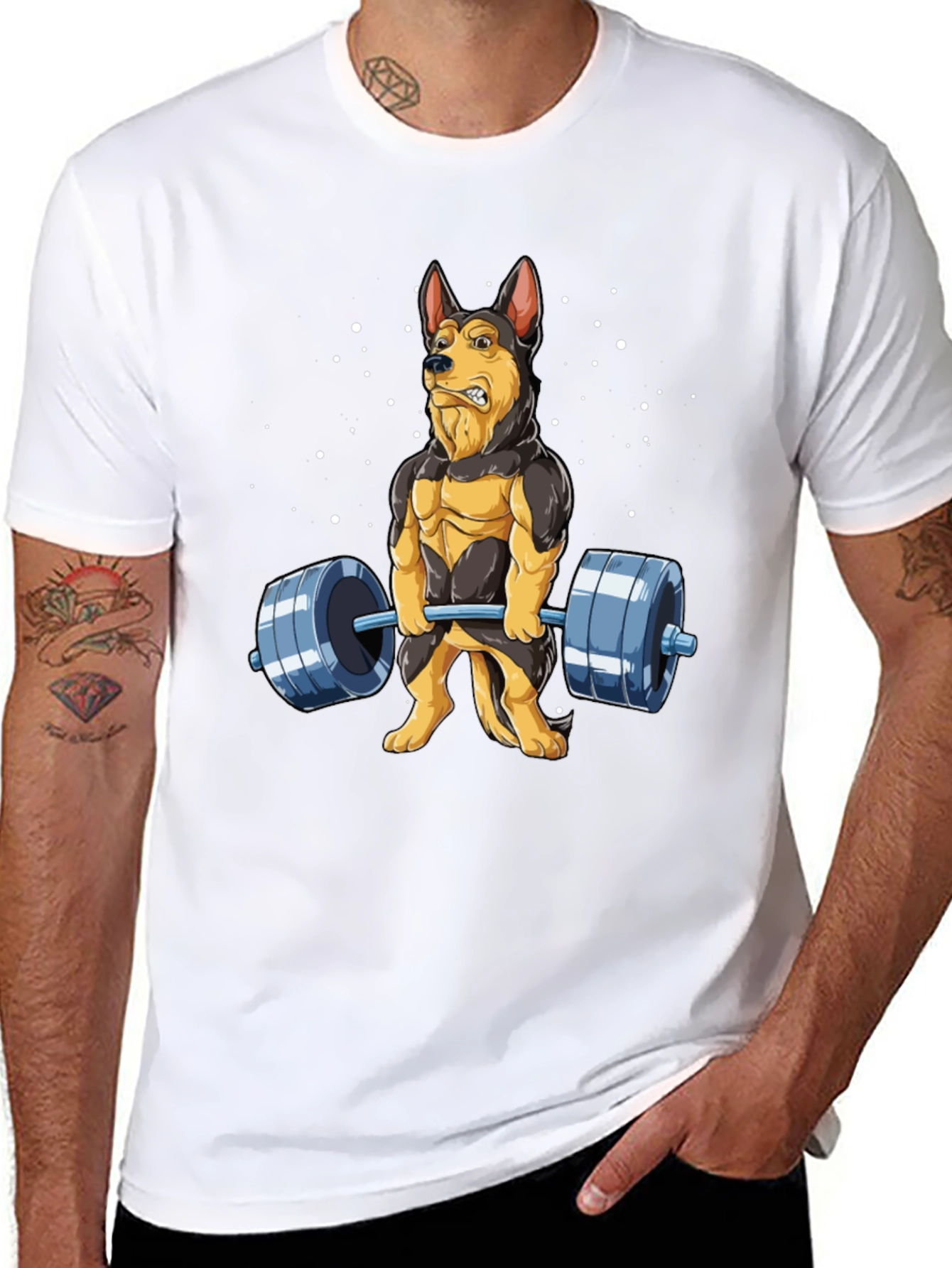 Black Funny Dog Lifting Weights T-Shirt view 8
