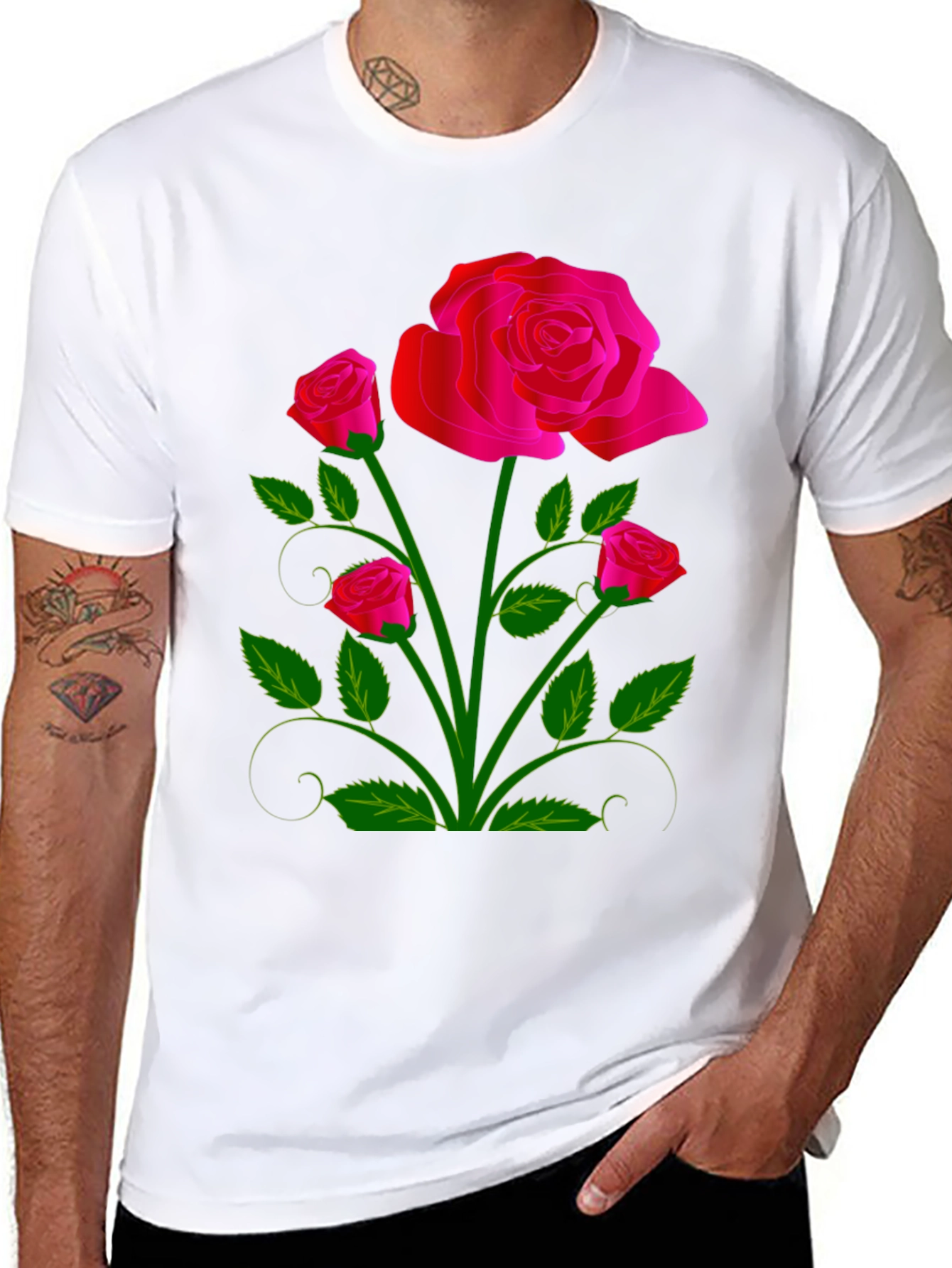 Black Black T-Shirt with Vivid Floral Rose Design view 8