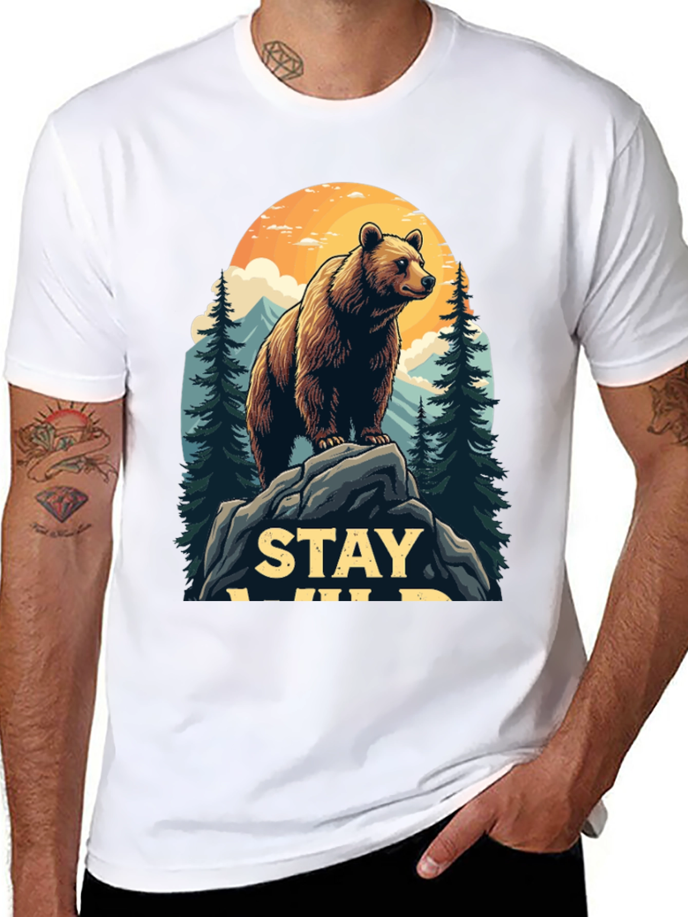 Black Stay Wild Bear Graphic Tee - Men's Black T-Shirt view 8