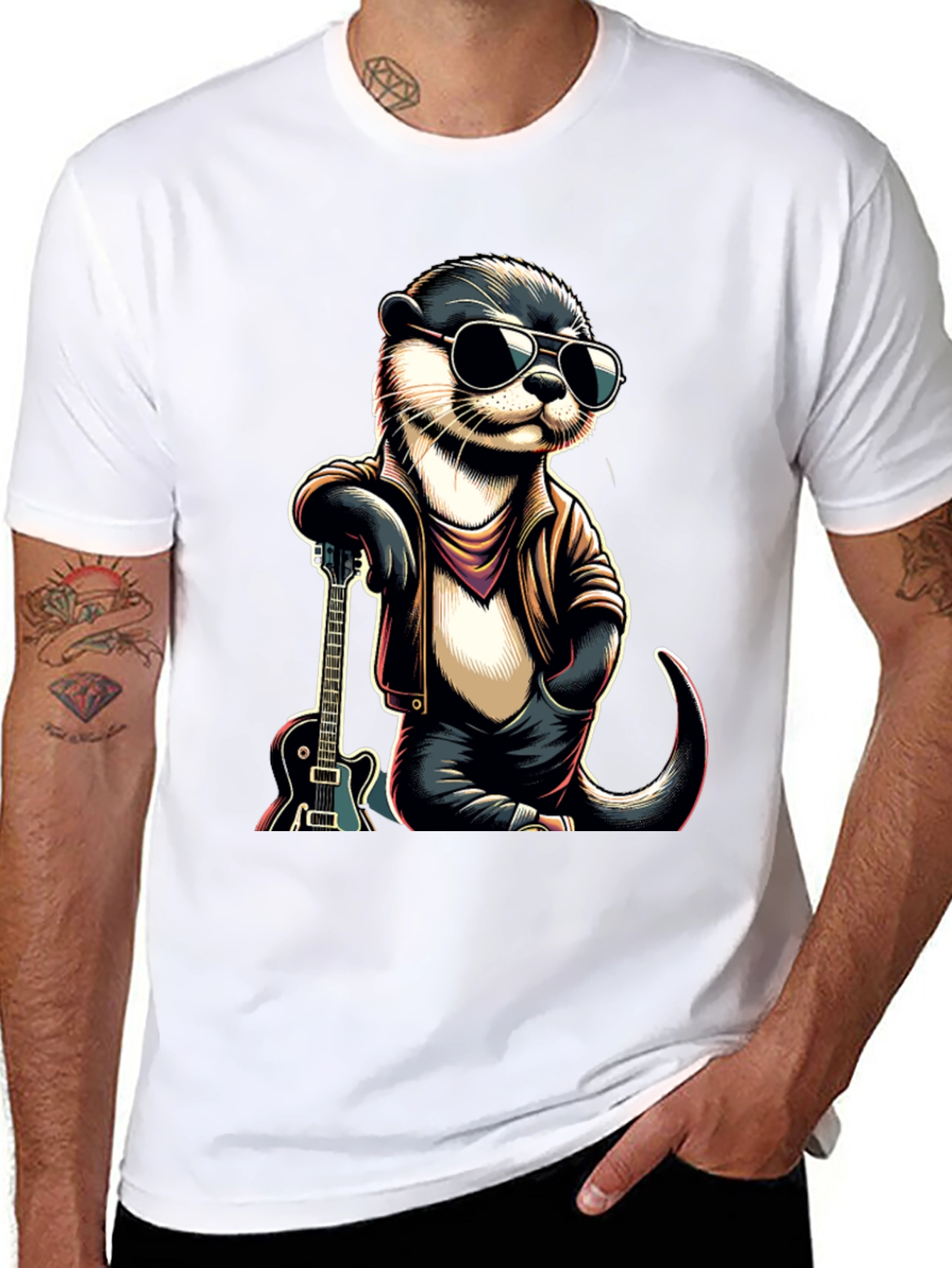 Black Cool Otter Guitarist Graphic Tee view 8