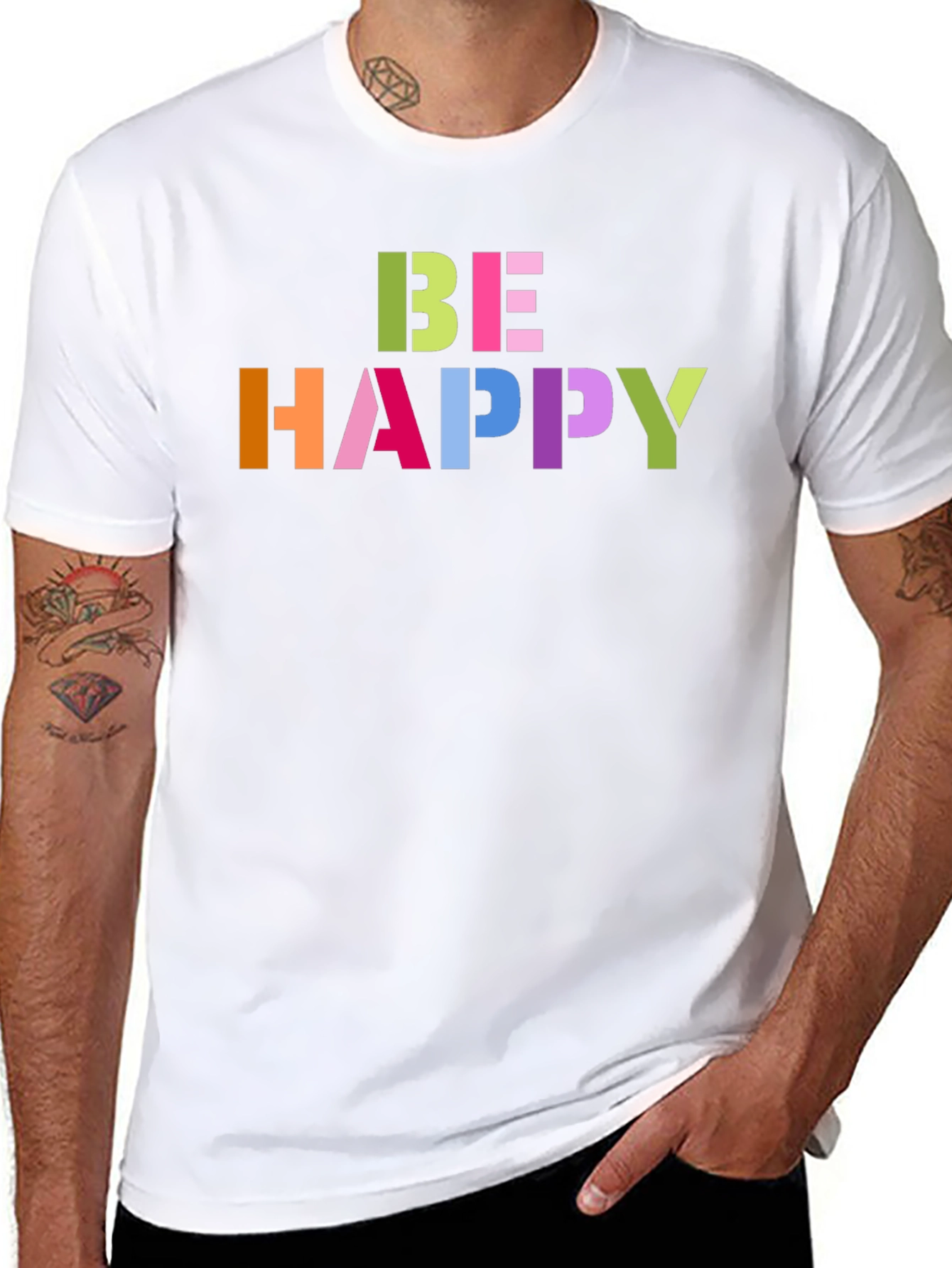 Black Be Happy Graphic Tee - Colorful Lettering, Black T-Shirt view 8