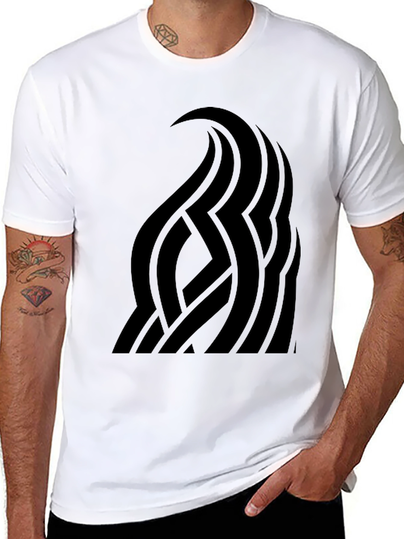 Black Men's Black Graphic Tee - Abstract Wave Design view 8