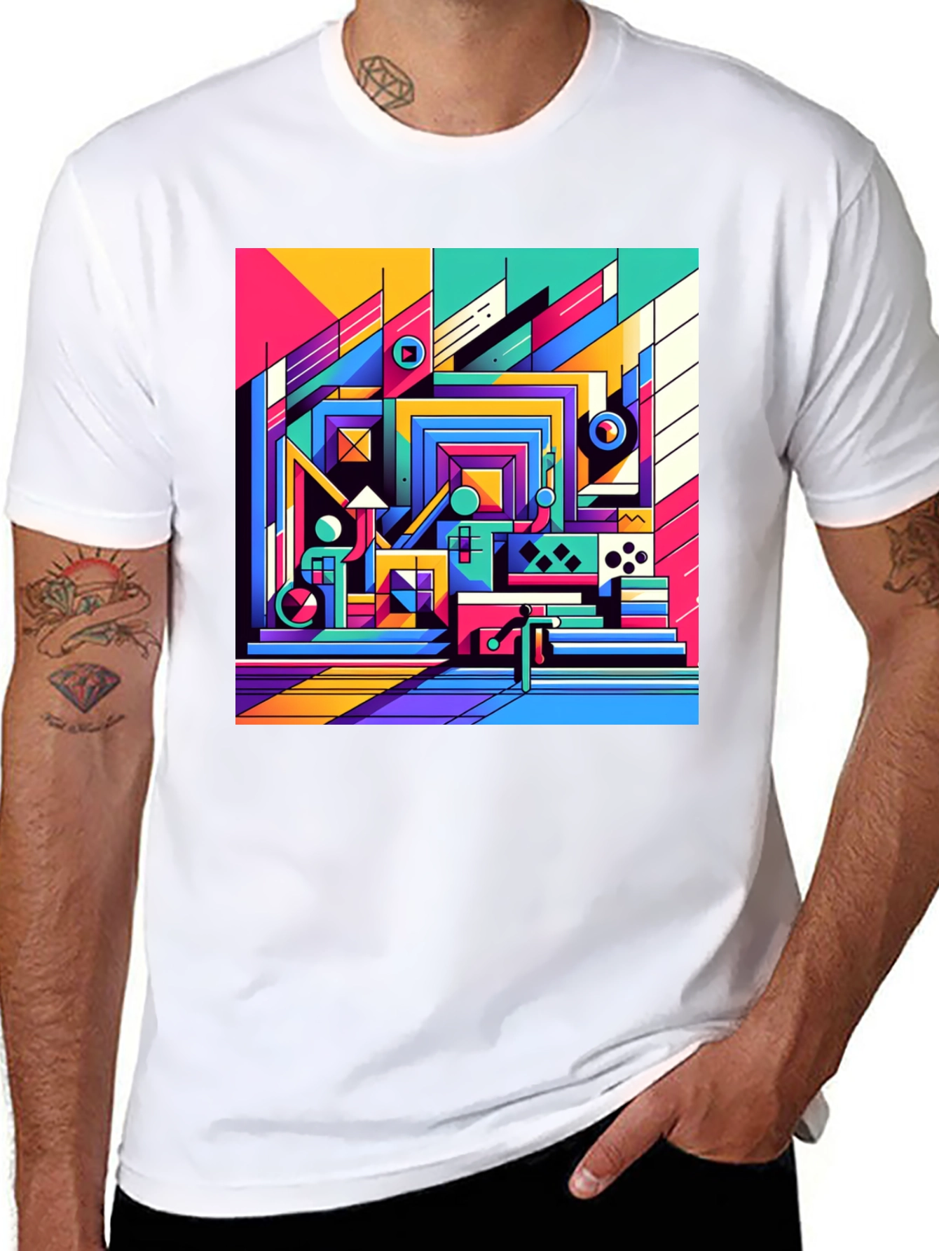 Black Retro Geometric Art T-Shirt - Bold Colorful Design view 8