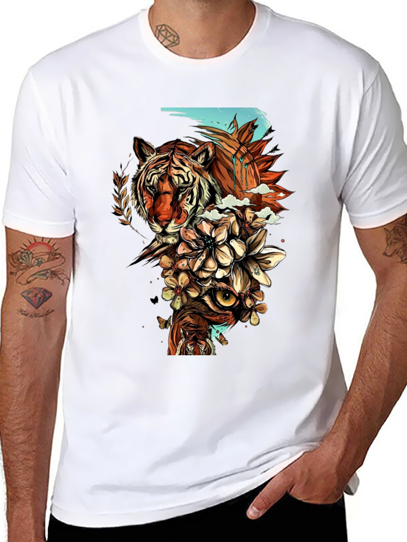 Black Tiger & Owl Graphic Print Black T-Shirt view 8