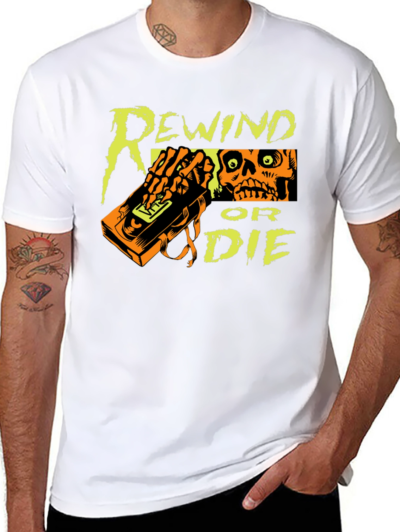 Black Rewind or Die Graphic Tee - VHS Tape Skull T-Shirt view 8