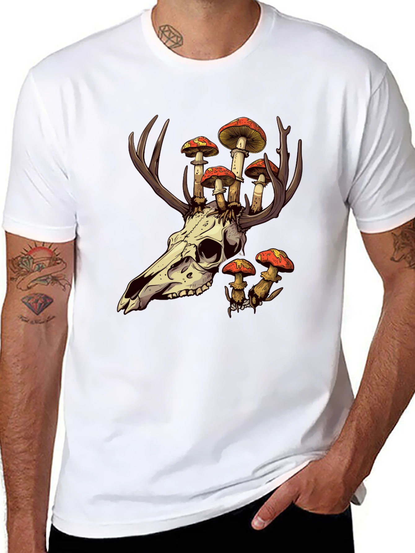 Black Skull and Mushroom T-Shirt - Unique Graphic Tee view 8