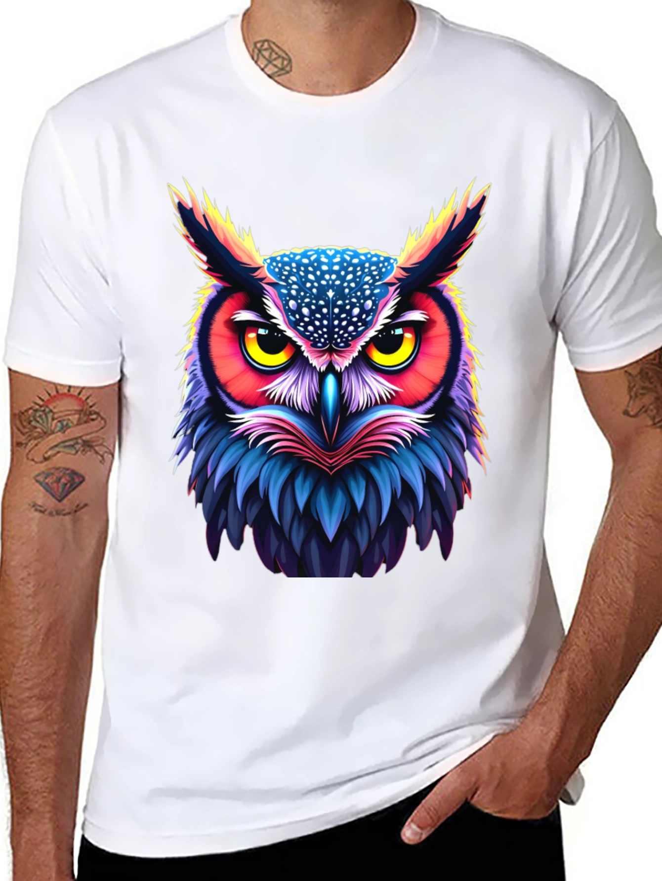 Black Vibrant Owl Graphic Tee - Unisex Black T-Shirt view 8