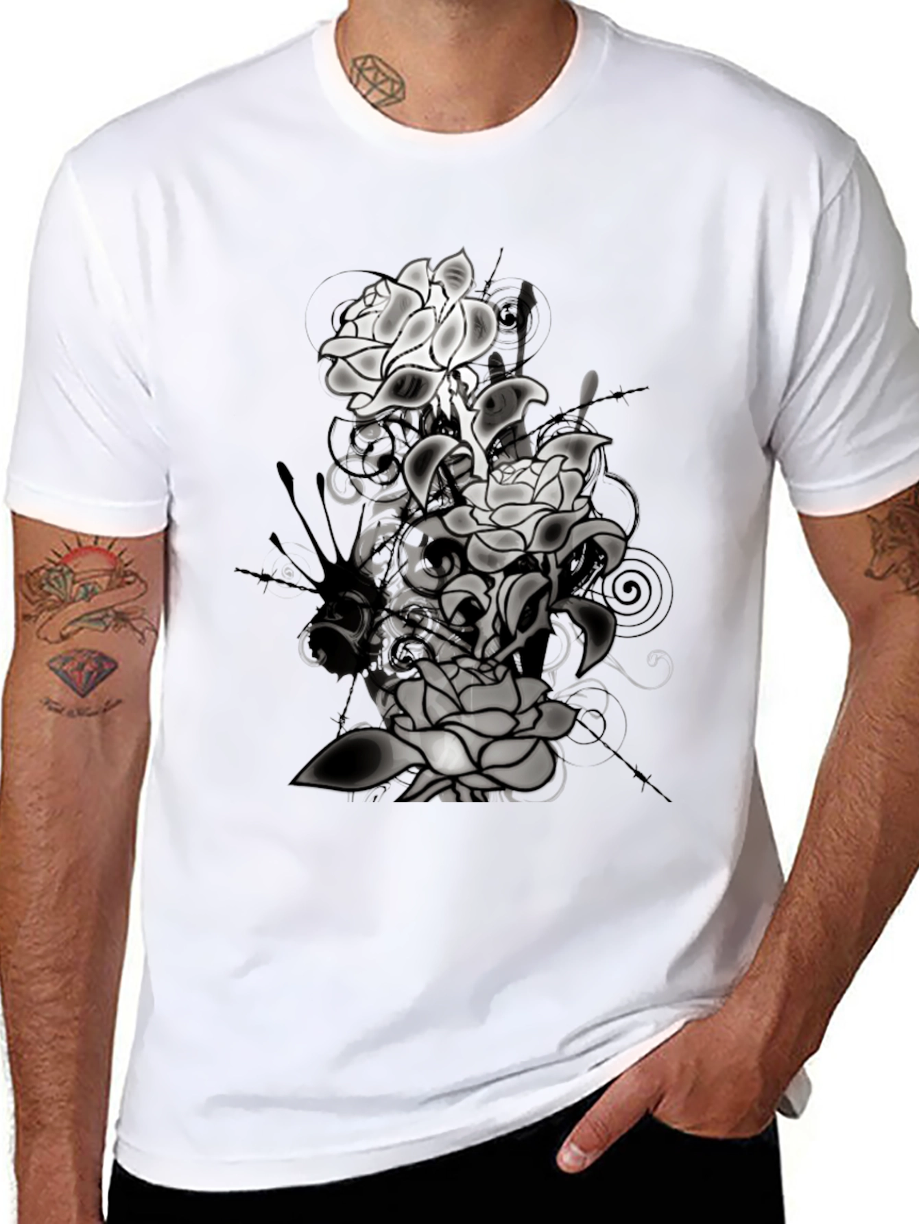 Black Floral Graphic T-Shirt - Men's Black Tee view 8