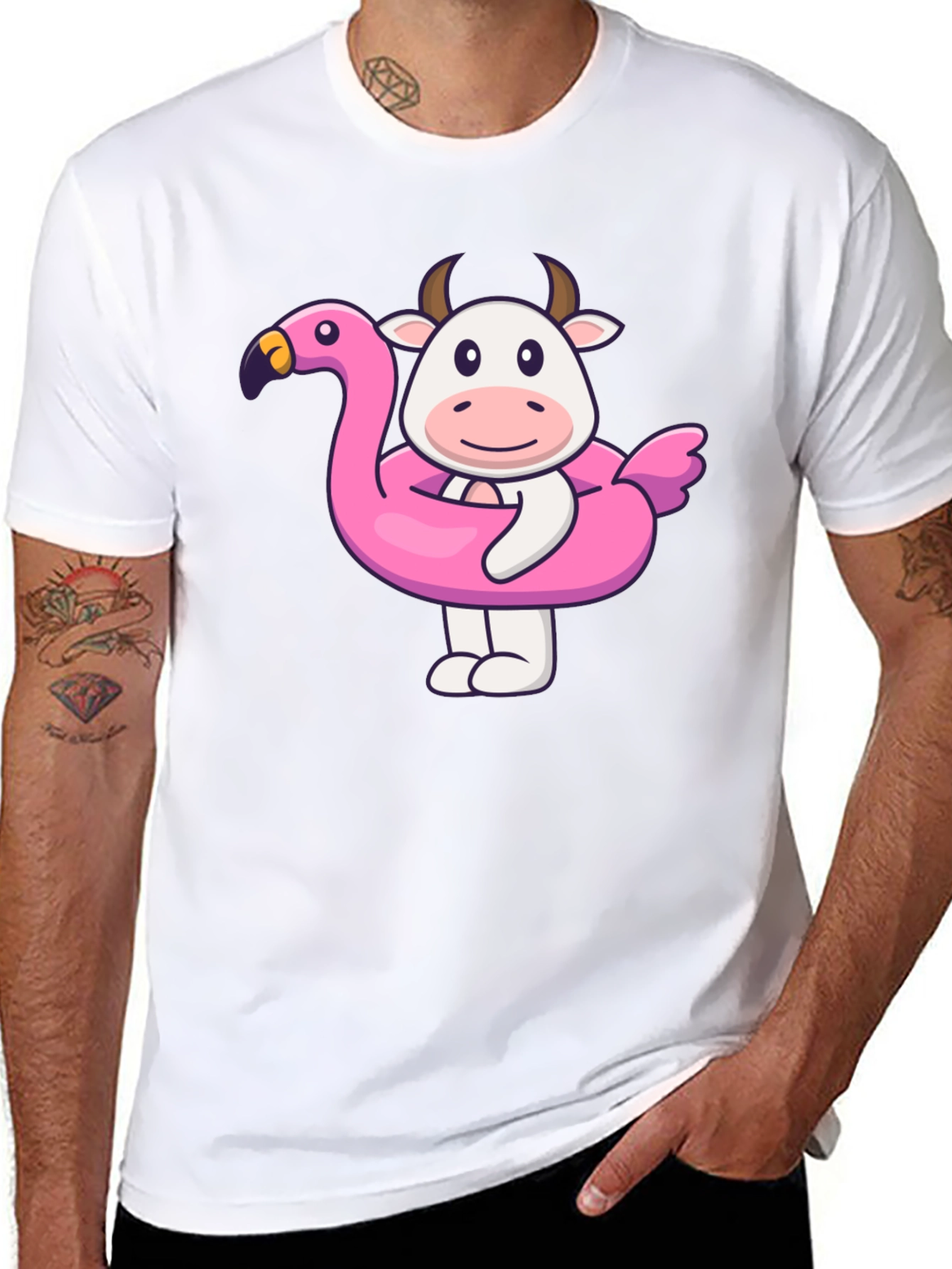 Black Funny Cow Flamingo Pool Float Black T-Shirt view 8