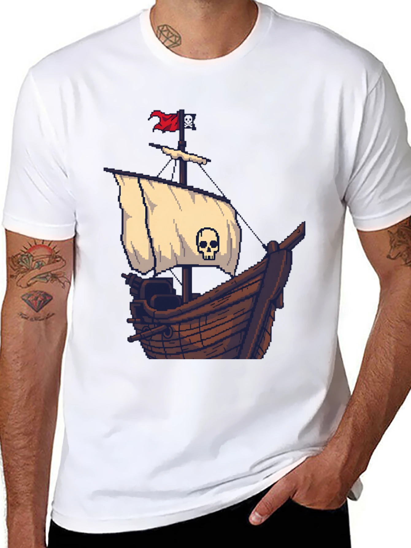 Pirate Ship Pixel Art Black T-Shirt - 8