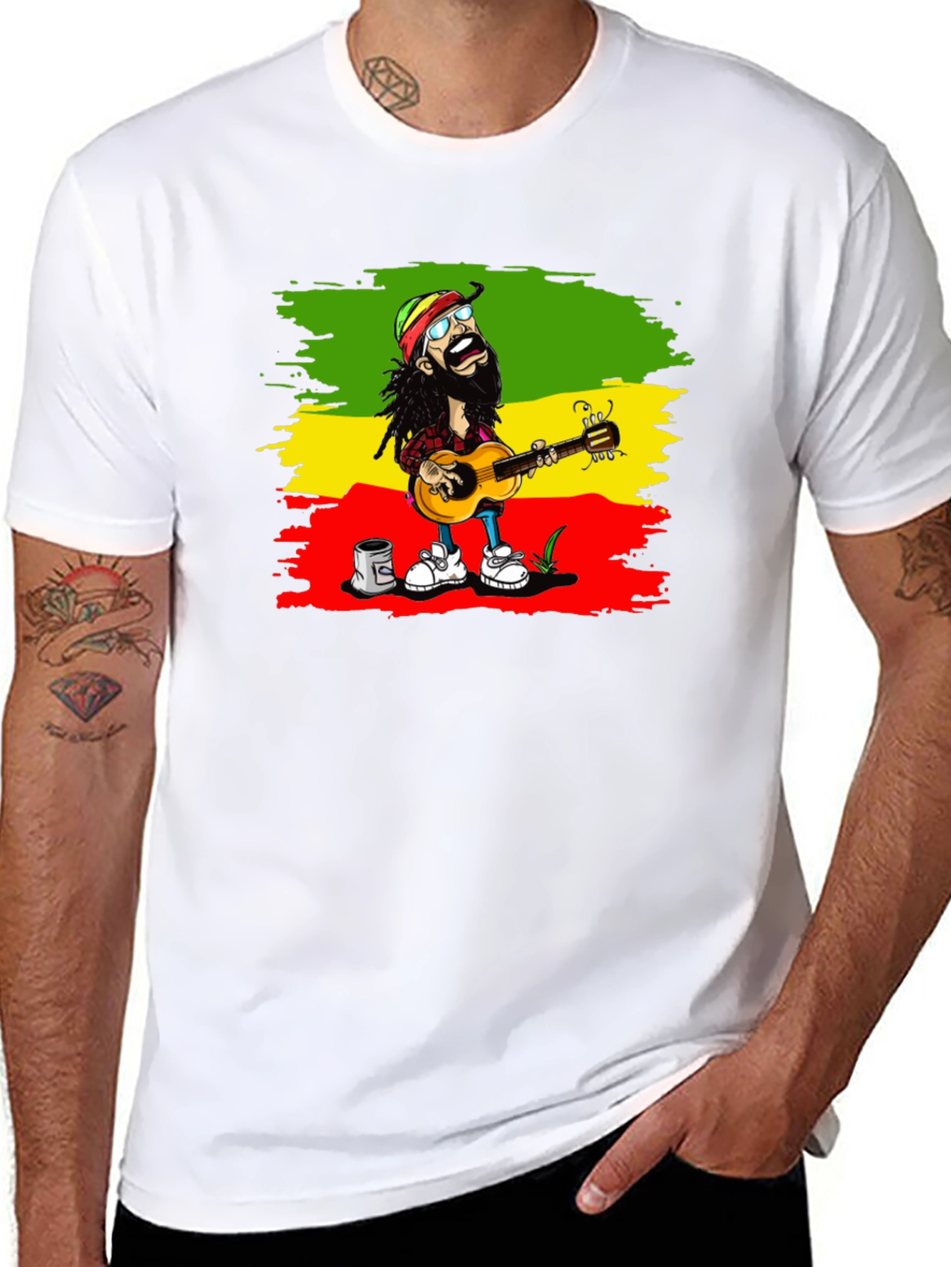 Black Rasta Cartoon Guitarist T-Shirt view 8