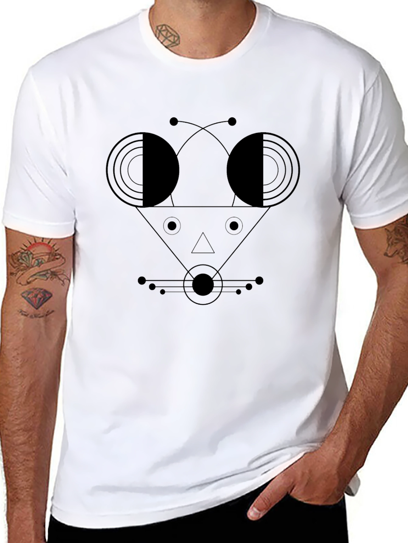 Black Abstract Geometric Face Black T-Shirt view 8
