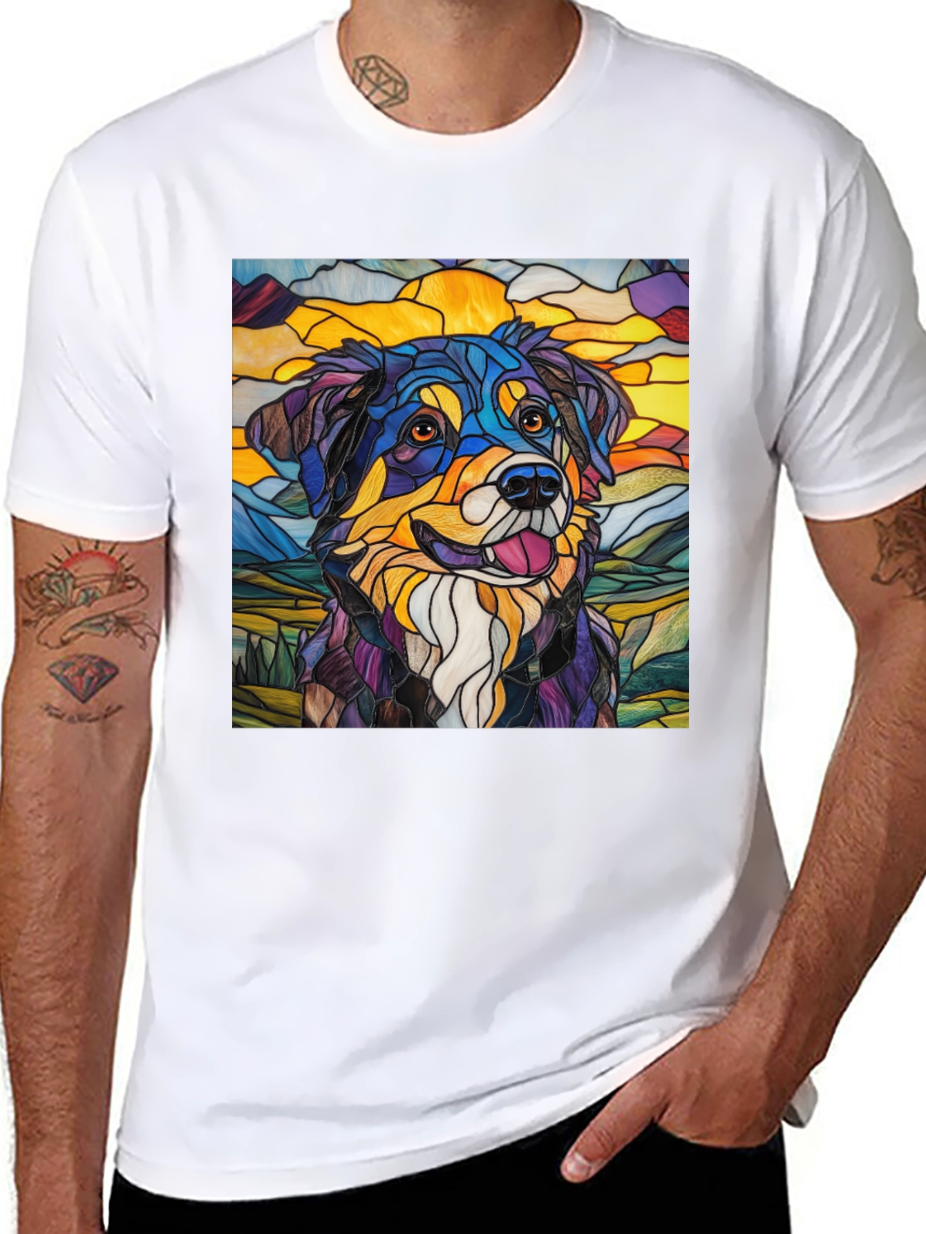 Black Stained Glass Dog Art Tee view 8