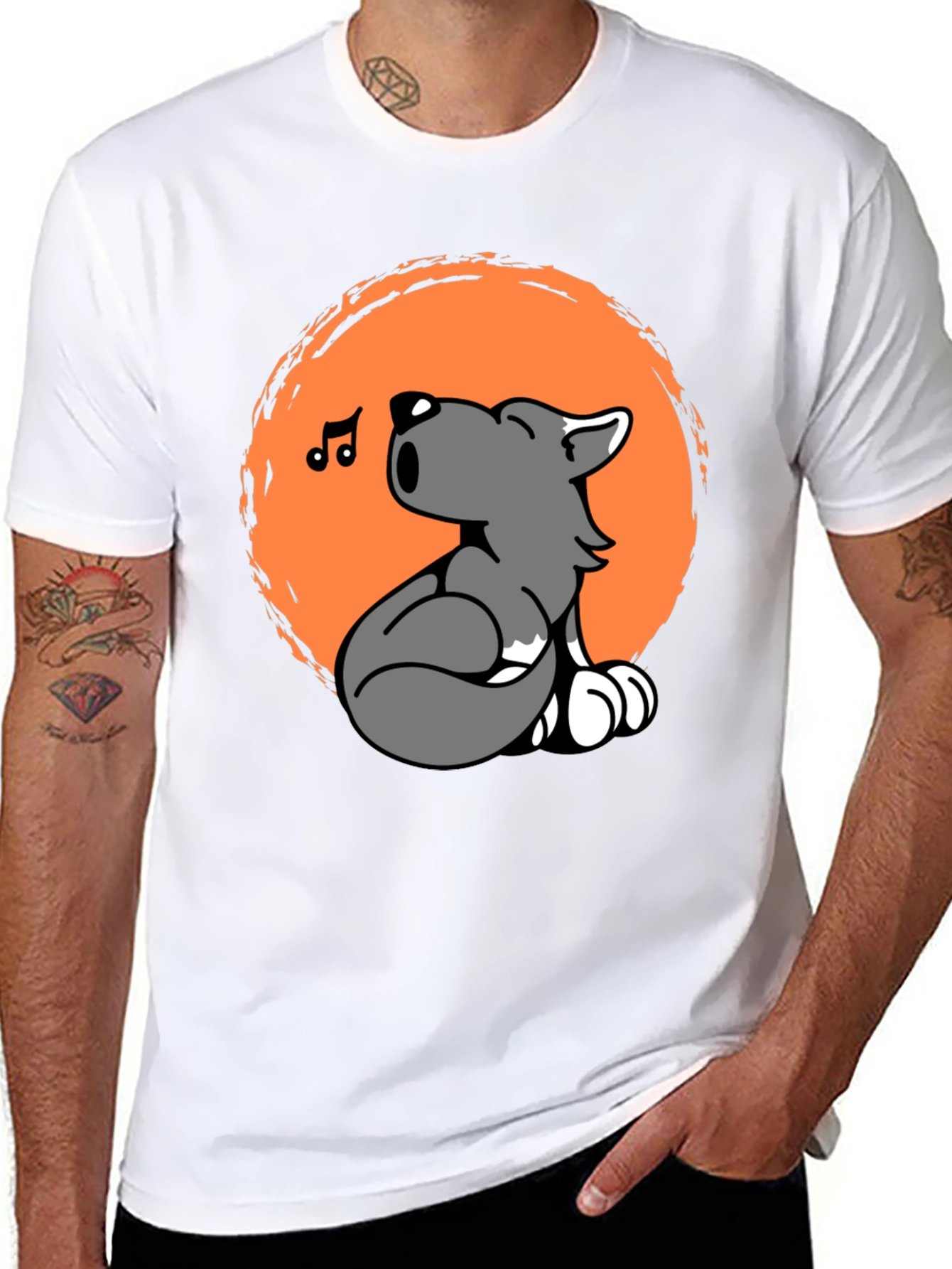 Black Cartoon Wolf Howling Graphic Tee - Black Unisex T-Shirt view 8