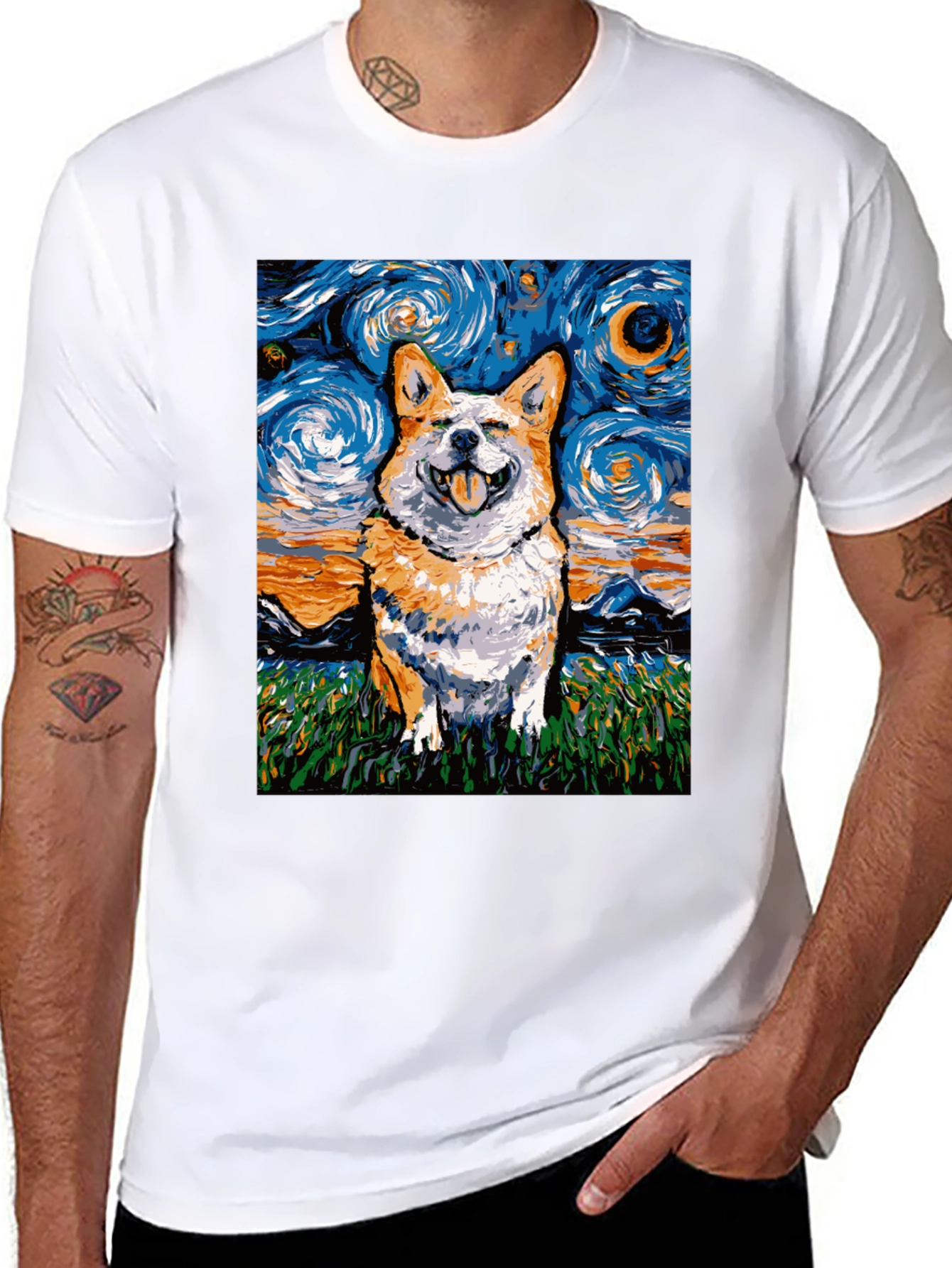 Black Starry Night Corgi T-Shirt - Artistic Dog Lover Tee view 8