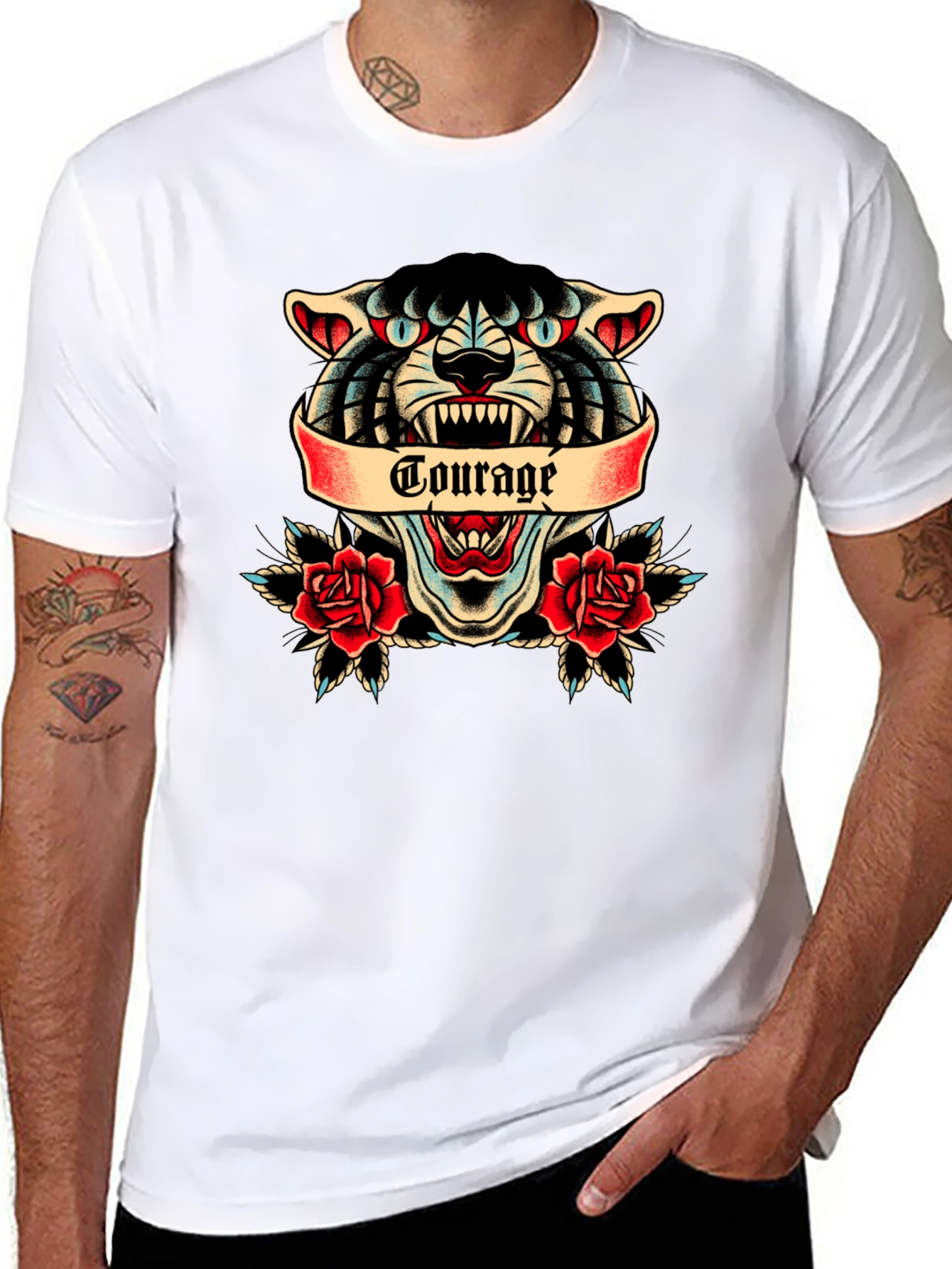 Courage Tattoo Style Graphic Tee - Men's Black Cotton T-Shirt - 8