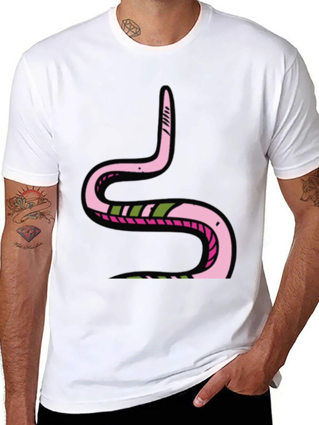 Black Pink Snake Graphic Black Tee - Fun Cartoon Style view 8