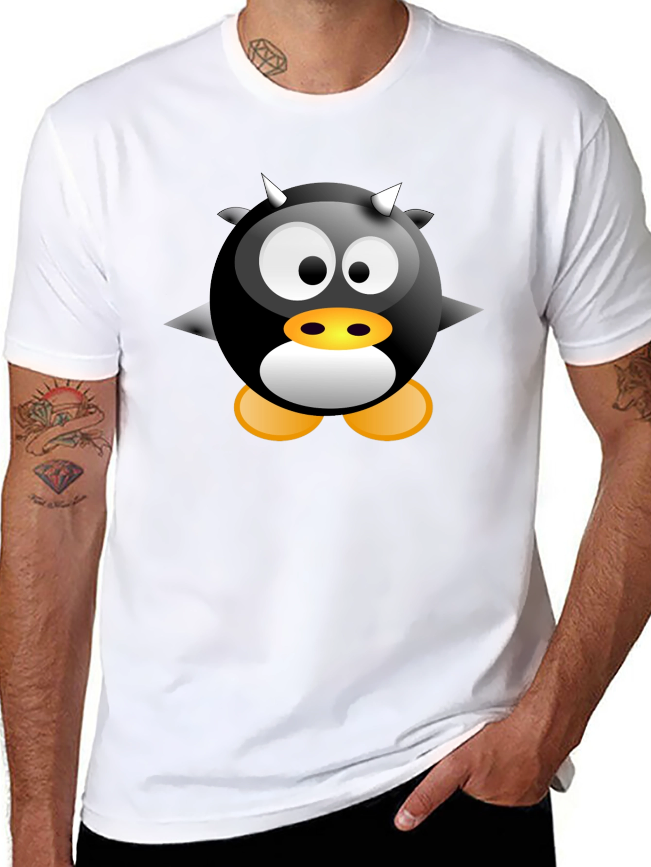 Black Cartoon Devil Penguin Graphic Tee - Black T-Shirt view 8
