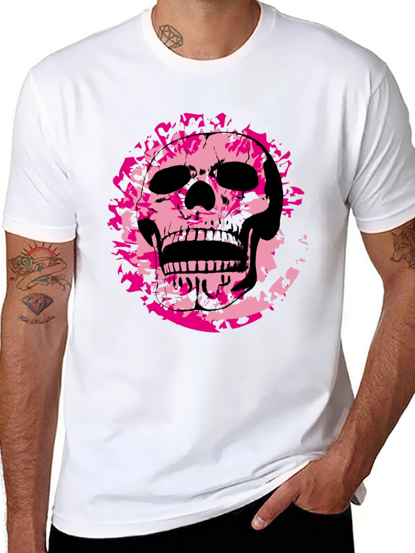 Black Edgy Pink Skull Graphic Black T-Shirt view 8