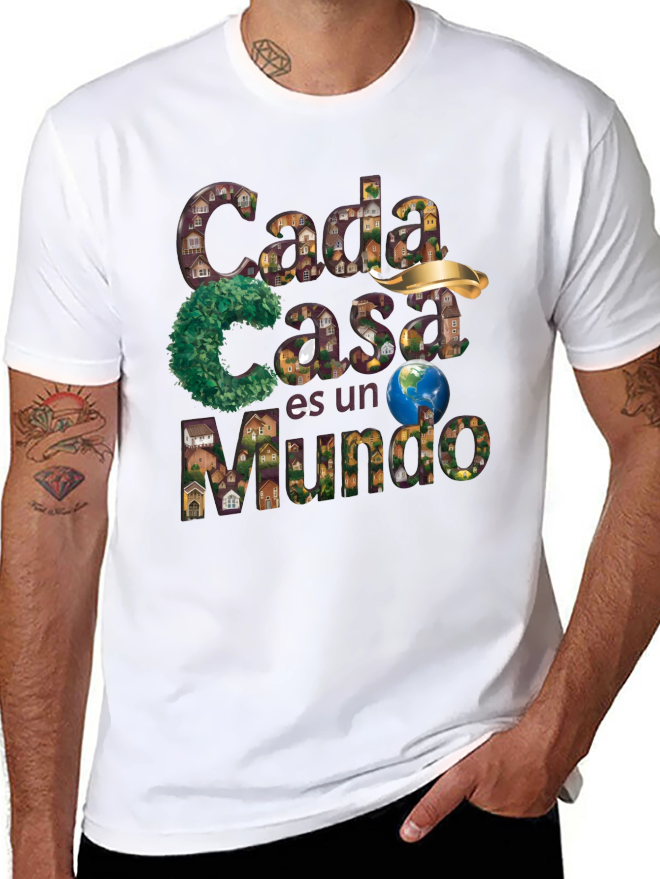 Black Unique Graphic T-Shirt - "Cada Casa es un Mundo" Design view 8
