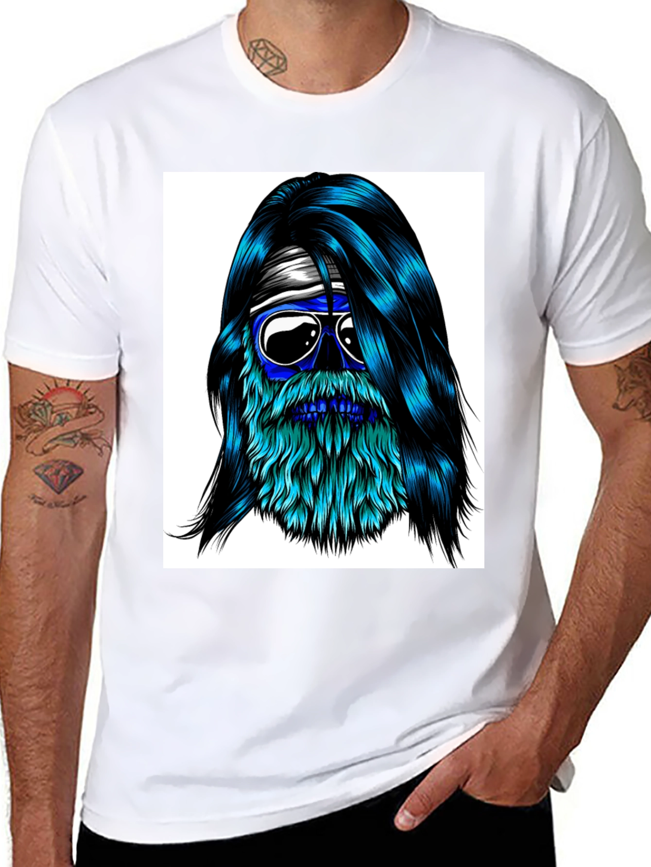 Black Cool Blue Bearded Skull T-Shirt view 8