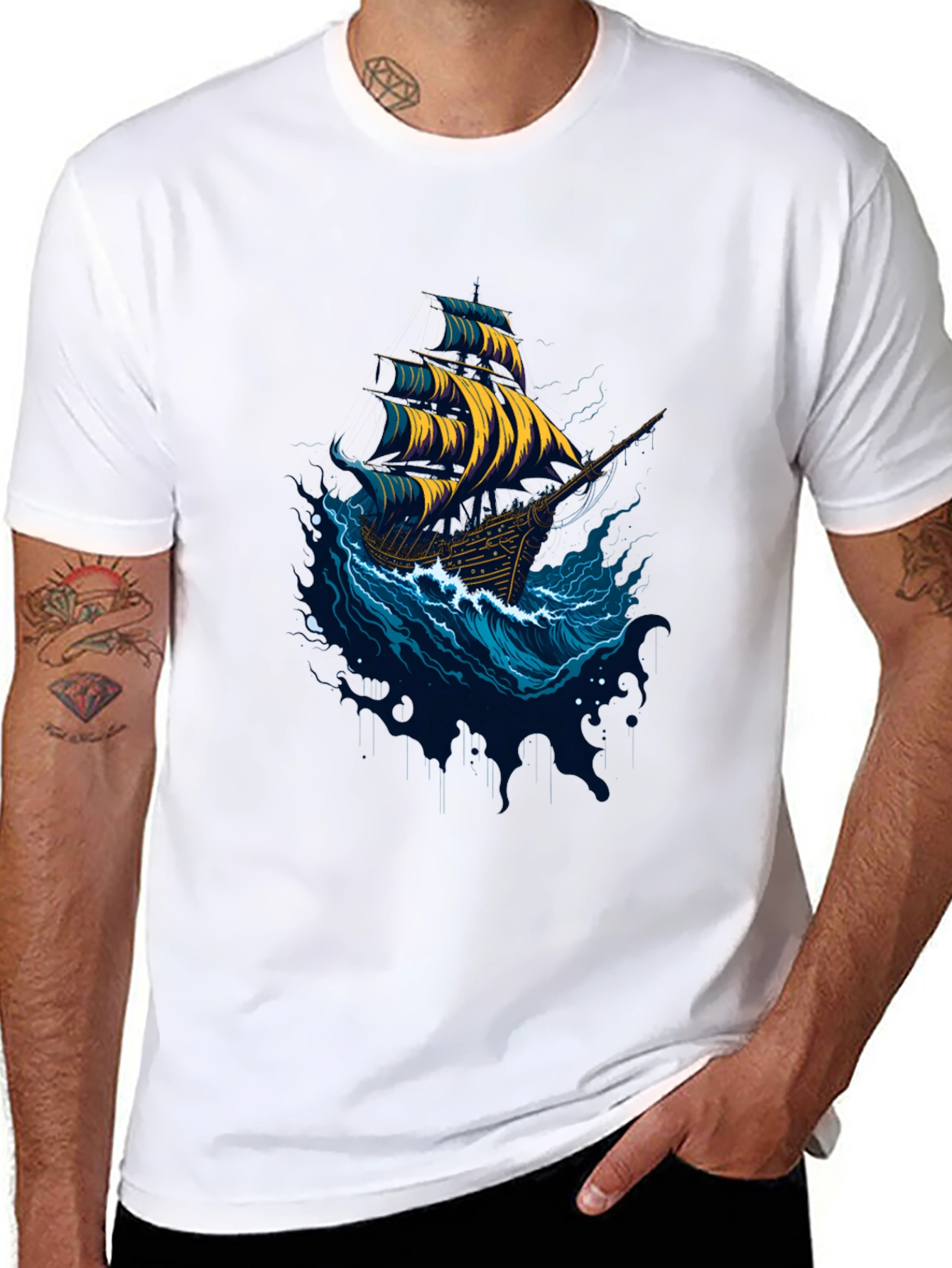 Black Nautical Ship Graphic Tee - Black Cotton T-Shirt view 8