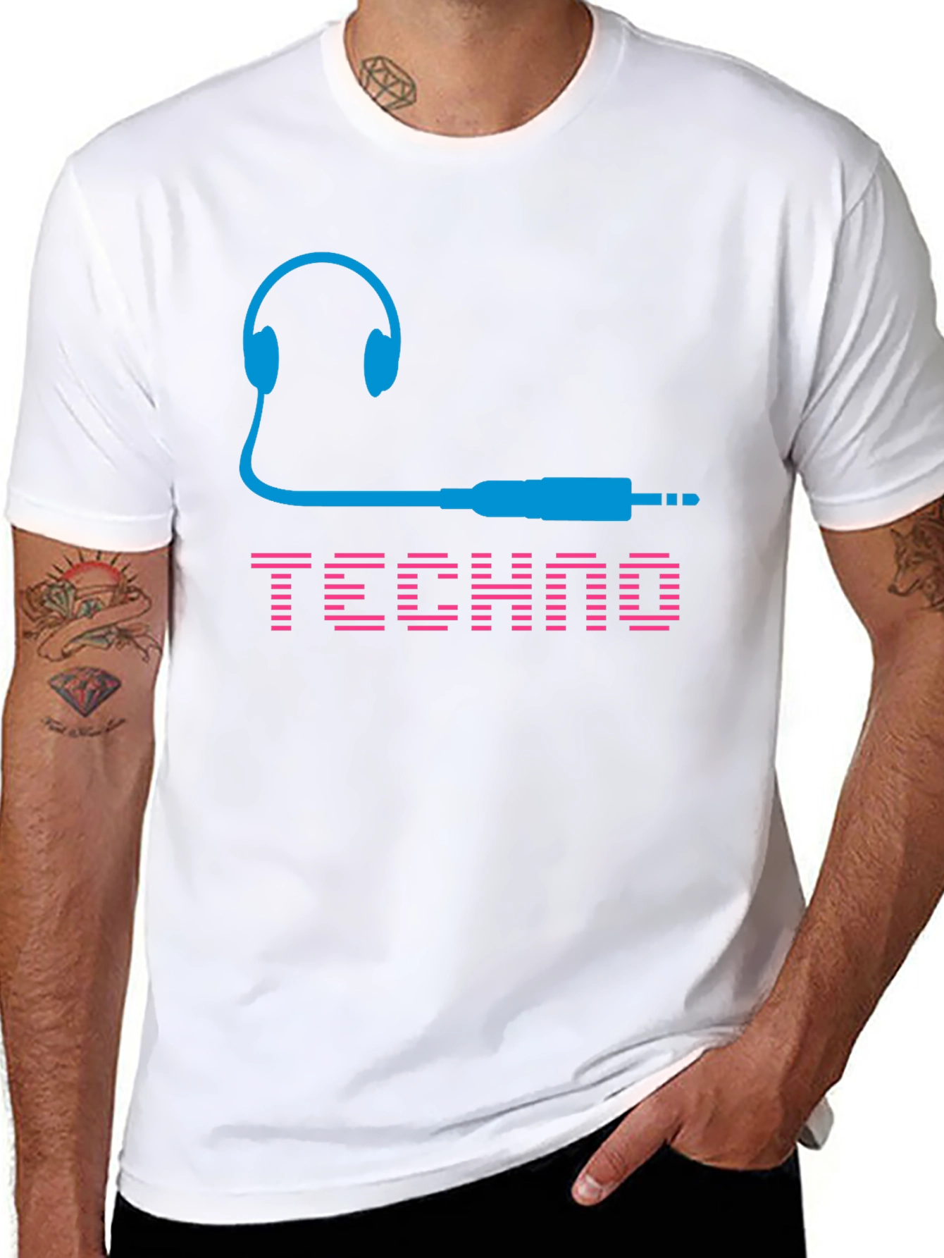 Black Techno Music T-Shirt - Headphones and Audio Jack Design view 8