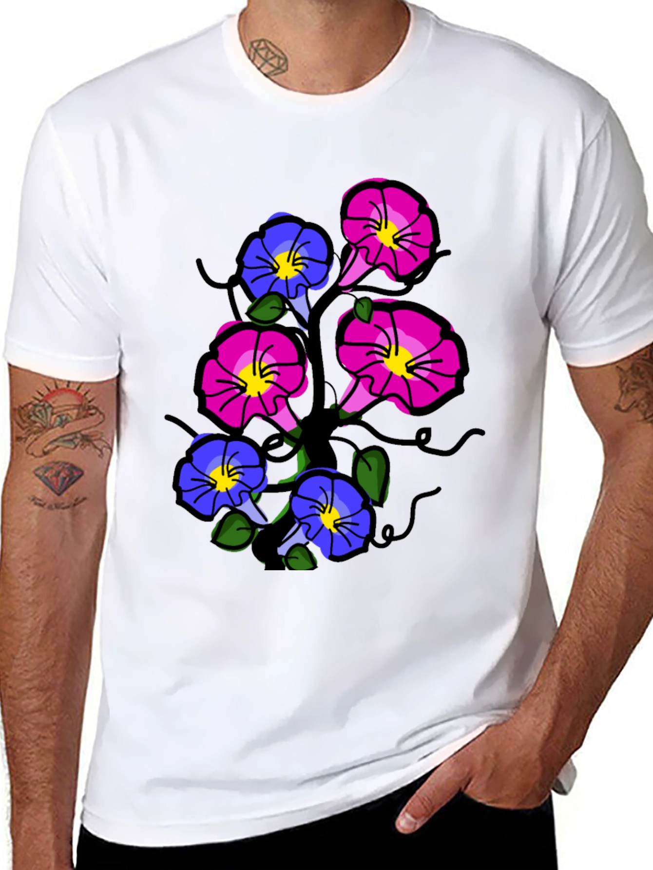 Black Floral Print T-Shirt - Unique Flower Design view 8