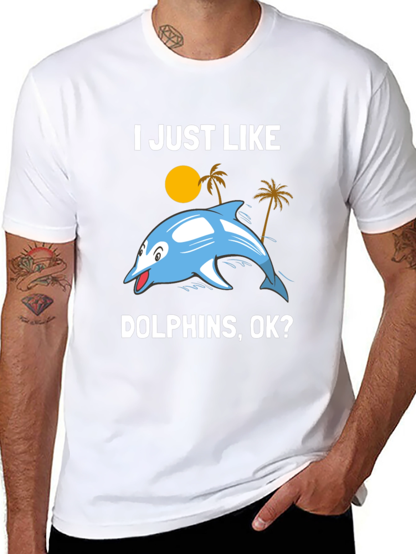 Black I Just Like Dolphins, OK? Graphic T-Shirt view 8