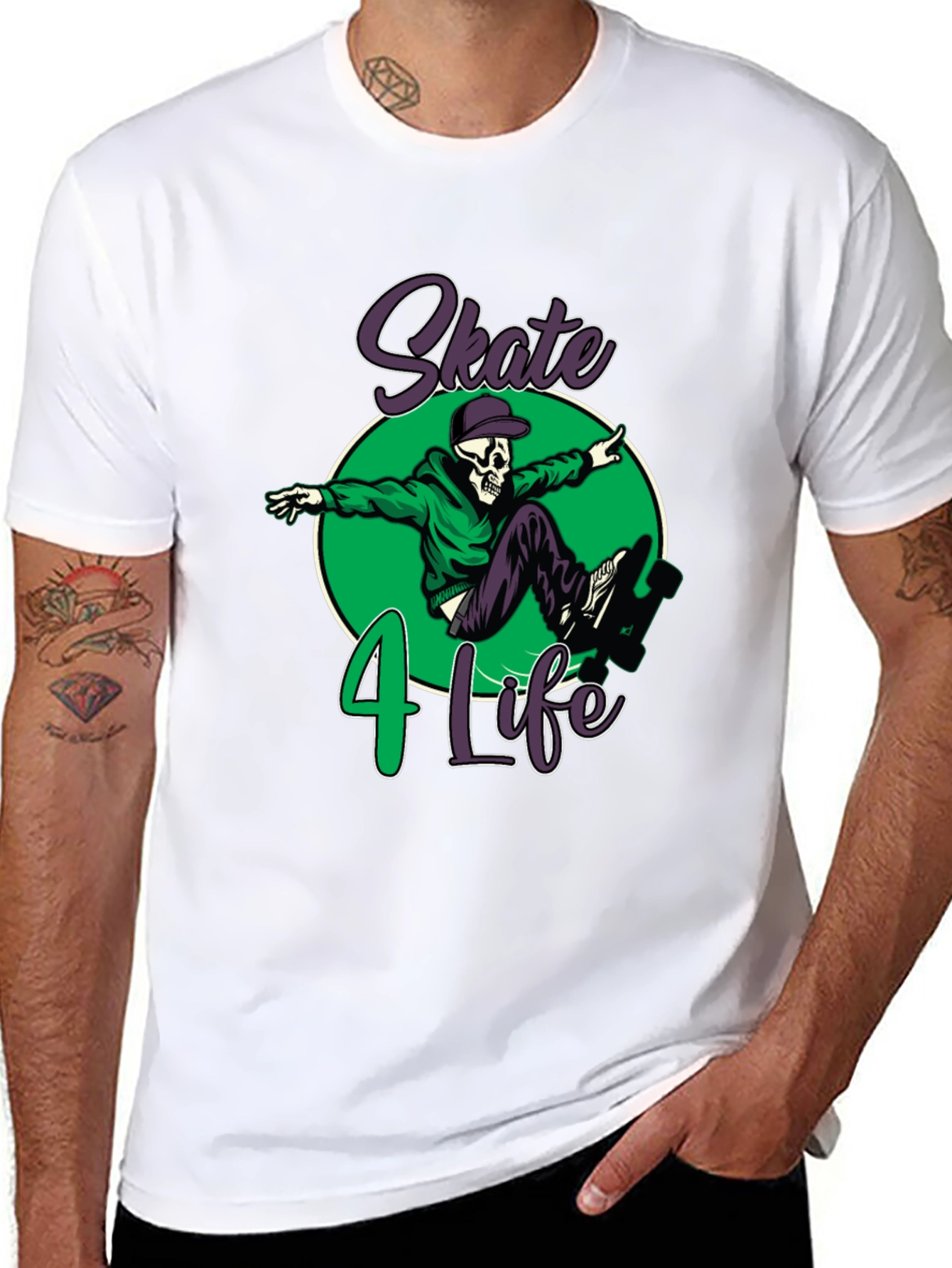 Black Skate 4 Life T-Shirt: Skull Skateboard Design view 8