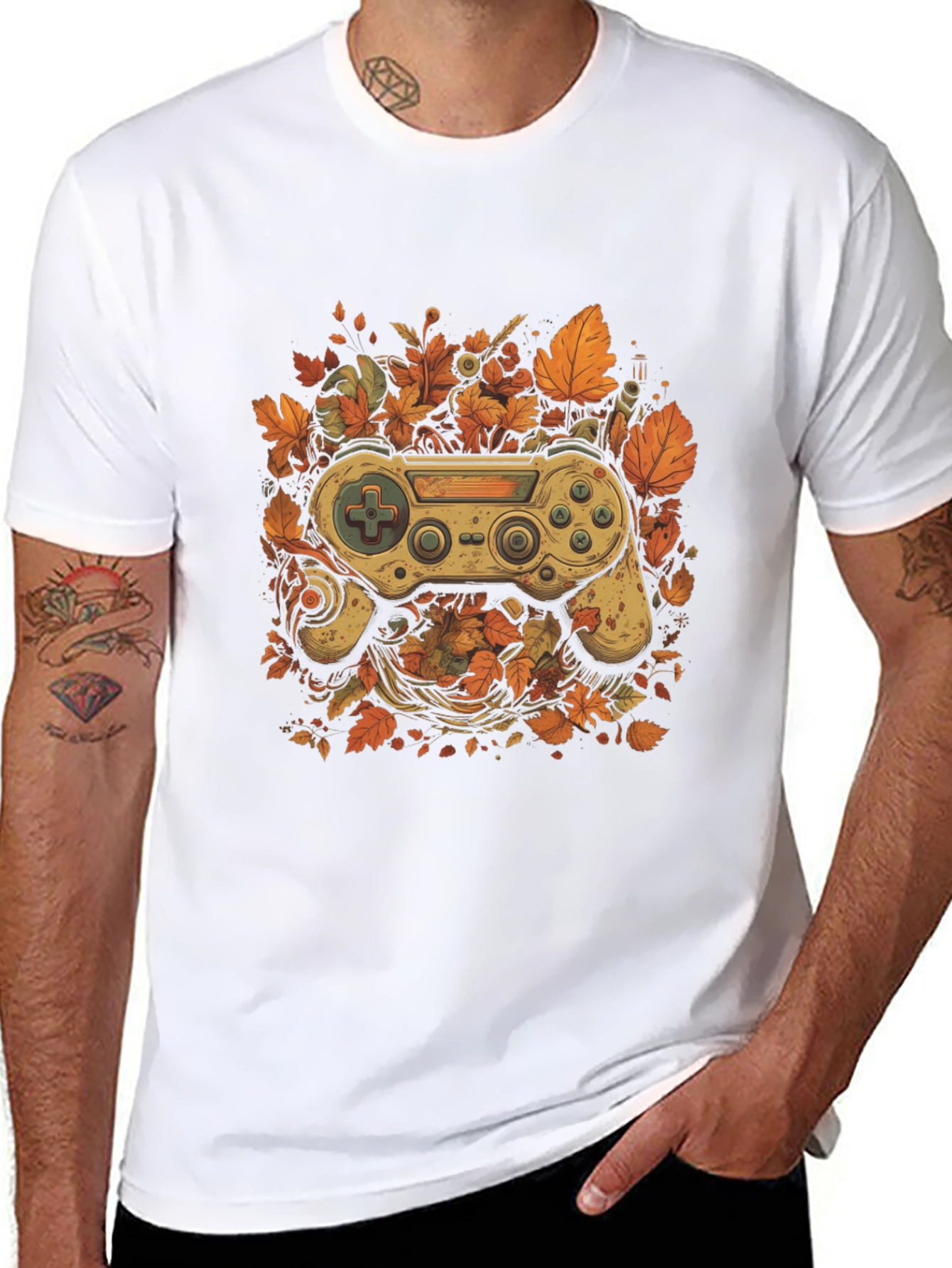Black Gamer's Fall T-Shirt - Unique Controller Leaf Design view 8