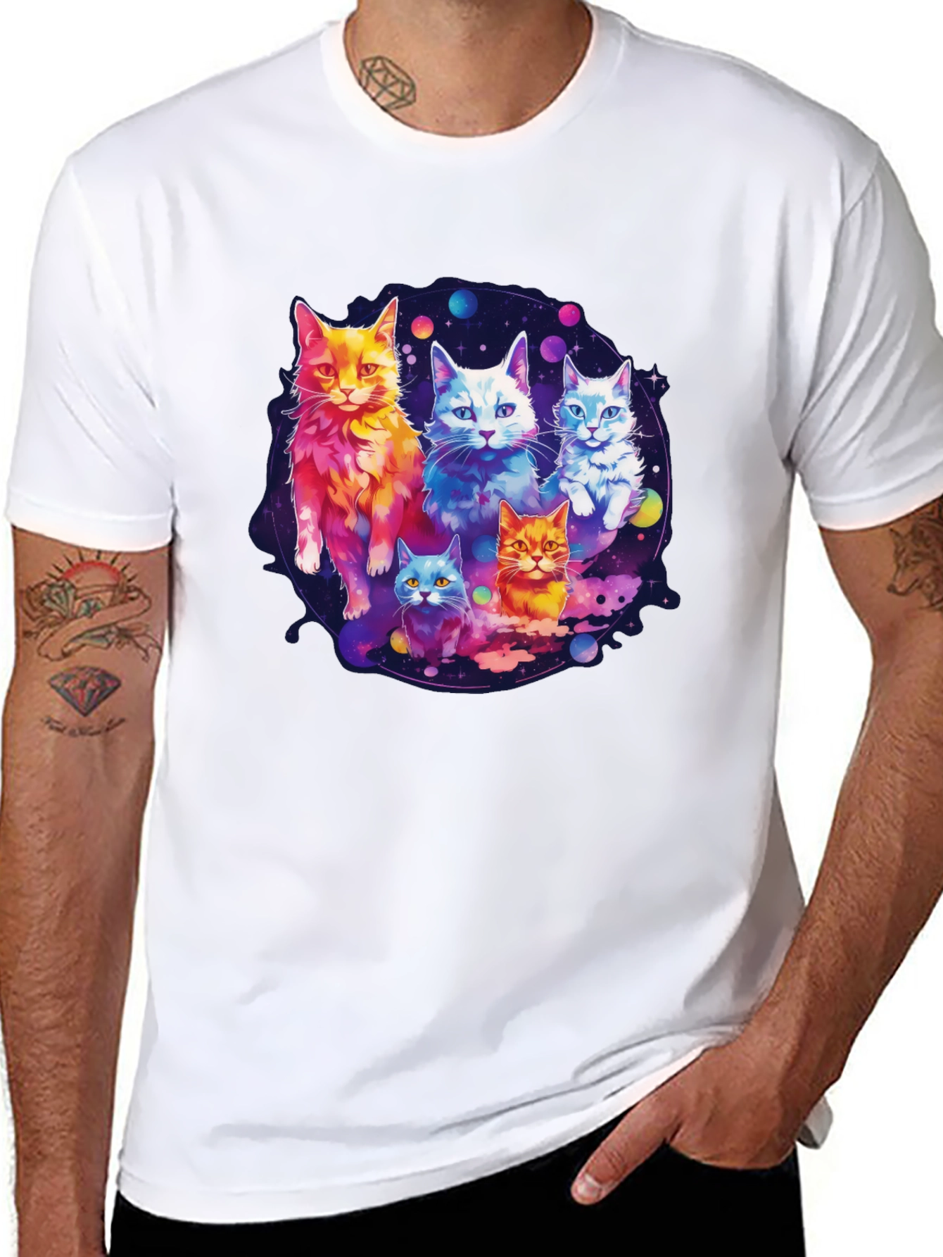 Black Cosmic Cat Crew T-Shirt - Galaxy Feline Design view 8
